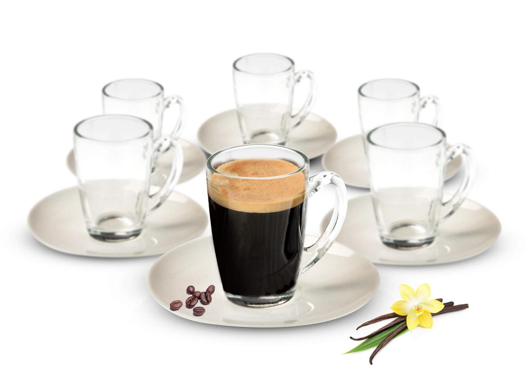 Sendez Espressotasse 12tlg Espressotassen mit Porzellan Teller Kaffeegläser Mokkatassen, 12-tlg., Glas