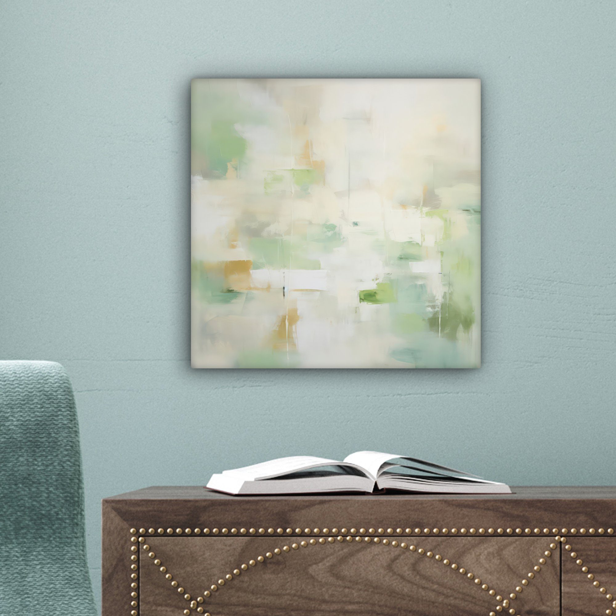 für OneMillionCanvasses® Leinwand Modern, Weiß Kunst - - - Schlafzimmer, cm St), Wohnzimmer - Grün Abstrakt Bilder Leinwandbild (1 20x20