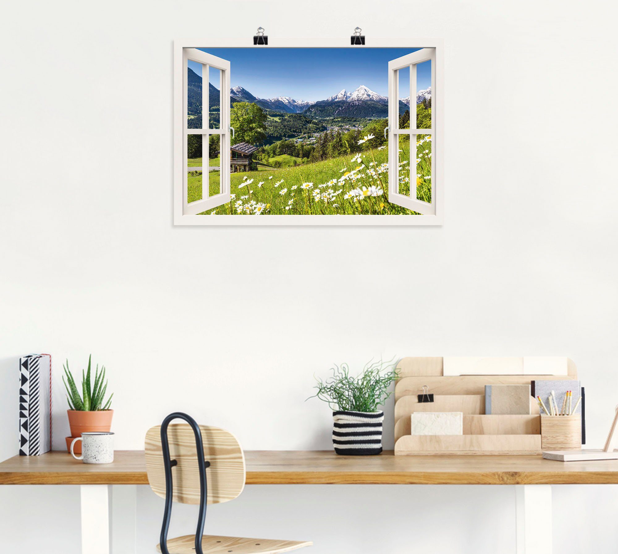 Artland Wandbild Fensterblick Wandaufkleber in Poster Alubild, Berge Größen Leinwandbild, Alpen, oder St), (1 Bayerischen als versch
