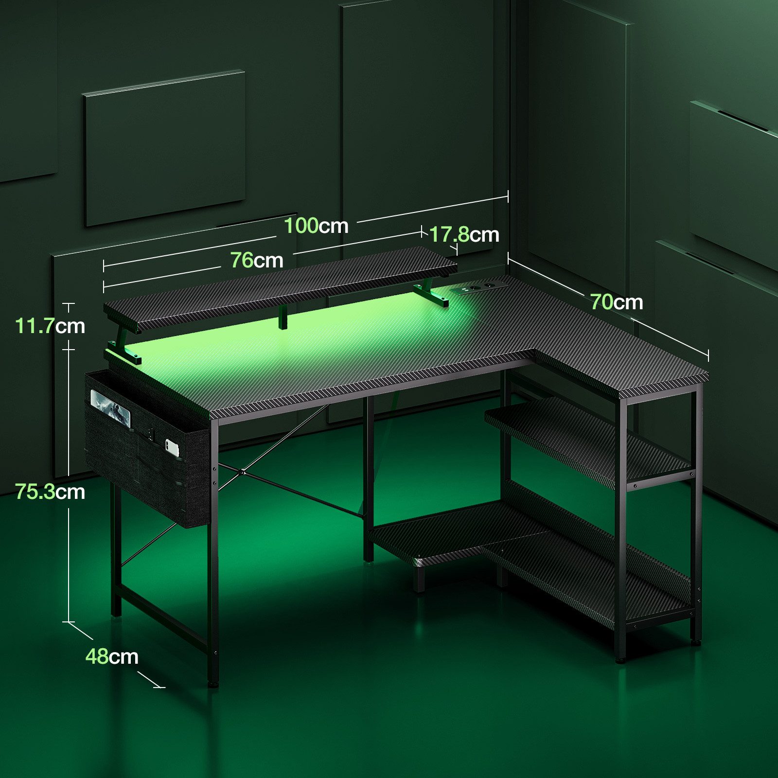 ODK Gamingtisch L Form mit LED-Beleuchtung, 100cm in schwarz mit Kohlefaser-Optik (1-St), Computertisch mit integrierter Steckdose – ideal für Gaming und Büro
