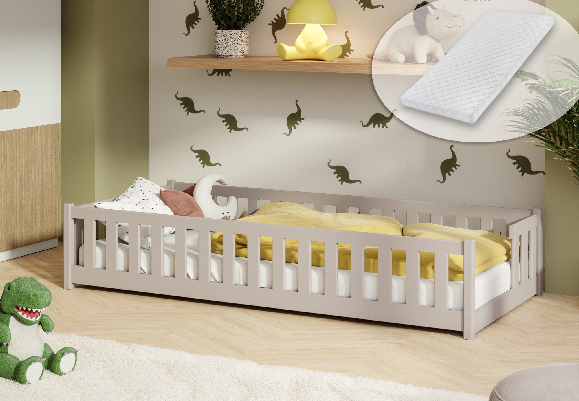 Kids Collective Kinderbett Kinderbett mit Rausfallschutz & Lattenrost Montessori Betten Kinder, Jugendbett Einzelbett Kiefer mit Matratze Kaschmir 80x160 cm