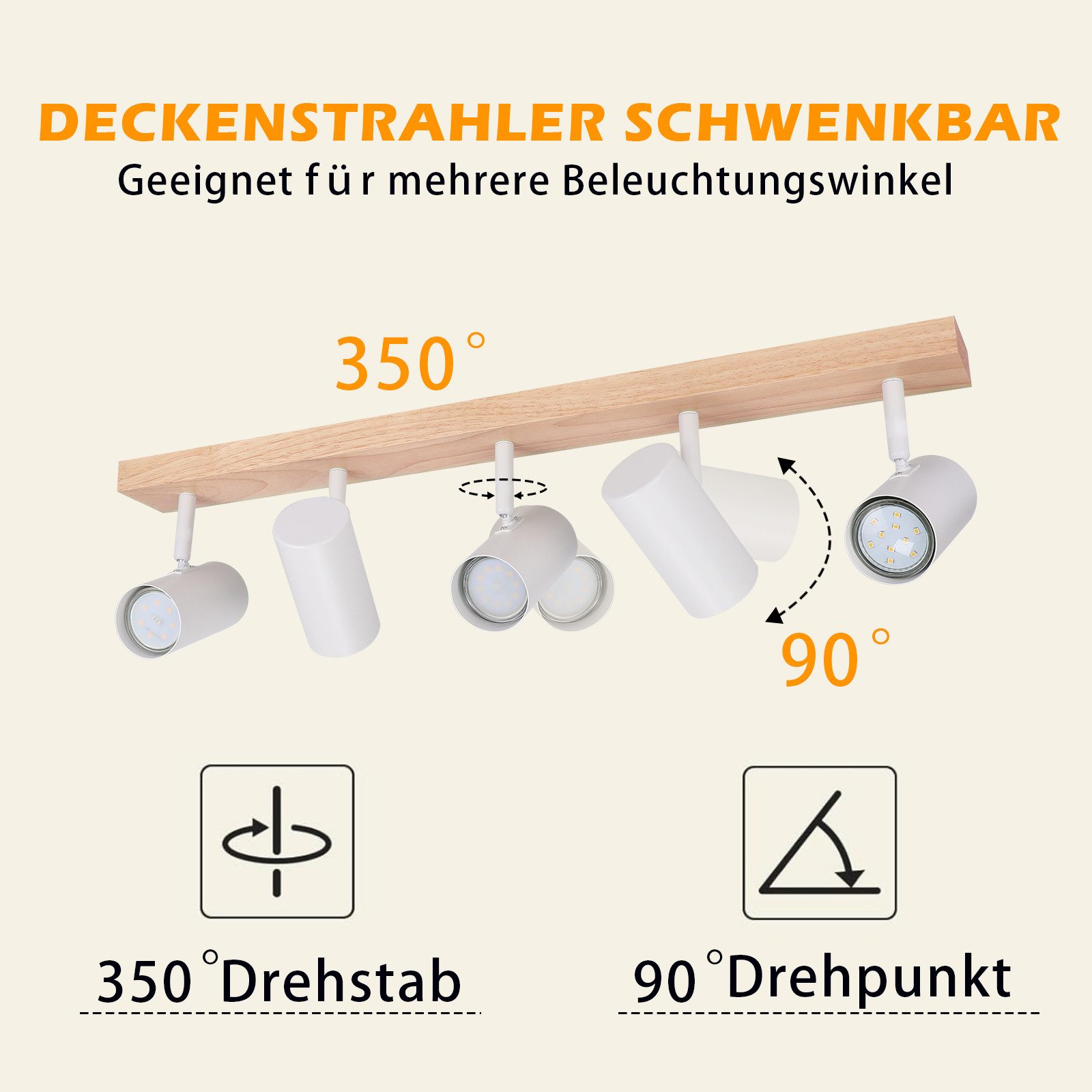 ZMH Deckenstrahler 5 Flammig Holz Schwarz/Weiß GU10 Deckenleuchte für Schlafzimmer Flur, ohne Leuchtmittel, Schwenkbar 350° Moderne Wohnzimmerlampe Kindzimmer K – Bild 4 von 5