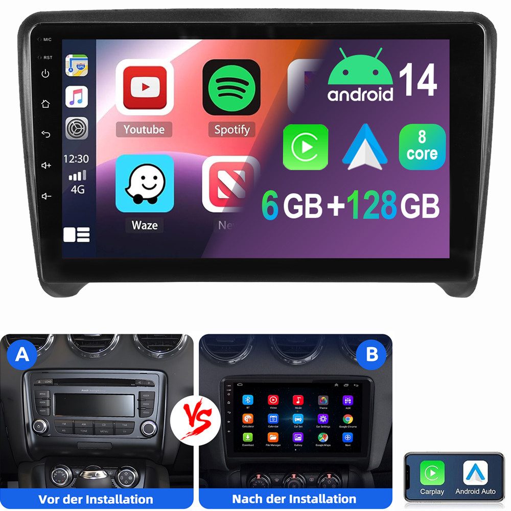 ESSGOO Für Audi TT MK2 8J 2006-2014 Carplay 6+128GB 8-Kern Autoradio (Digitalradio (DAB), RDS, FM, AM, 4G LTE Carplay Android Auto GPS Navi WIFI BT USB EQ)