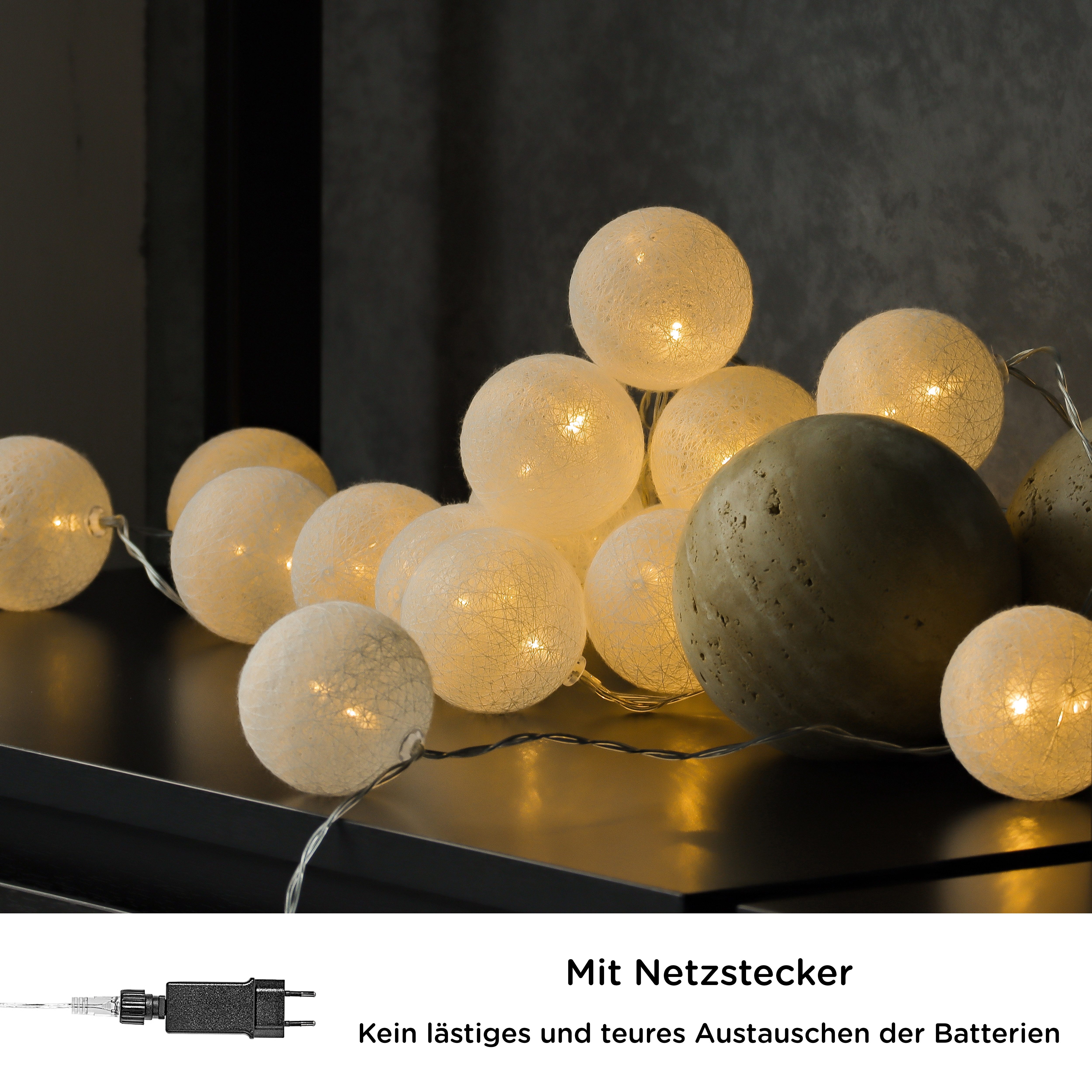COZY HOME LED-Lichterkette Cotton Balls - Strombetrieben, 20 LED I 6m I Warmweiße LED-Cotton Ball I Hausbett Bunt Deko – Bild 3 von 5