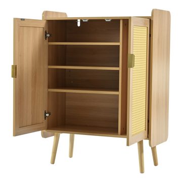 BlingBin Sideboard Kommode mit 2 Türen (1 St., Maße: B80/T35/H105,5 cm), Rattan-Design, Schuhschrank mit Metallgriffen und Massivholzfüßen