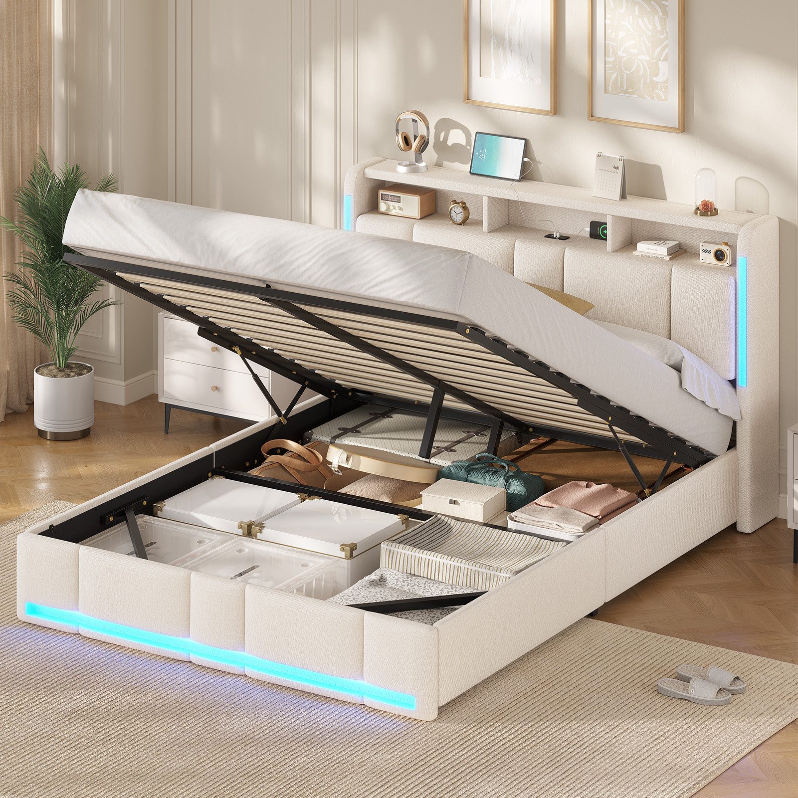 MSMASK Polsterbett mit Steckdosen & LED Beleuchtung, Stauraum und Kopfteil – Bild 4 von 5