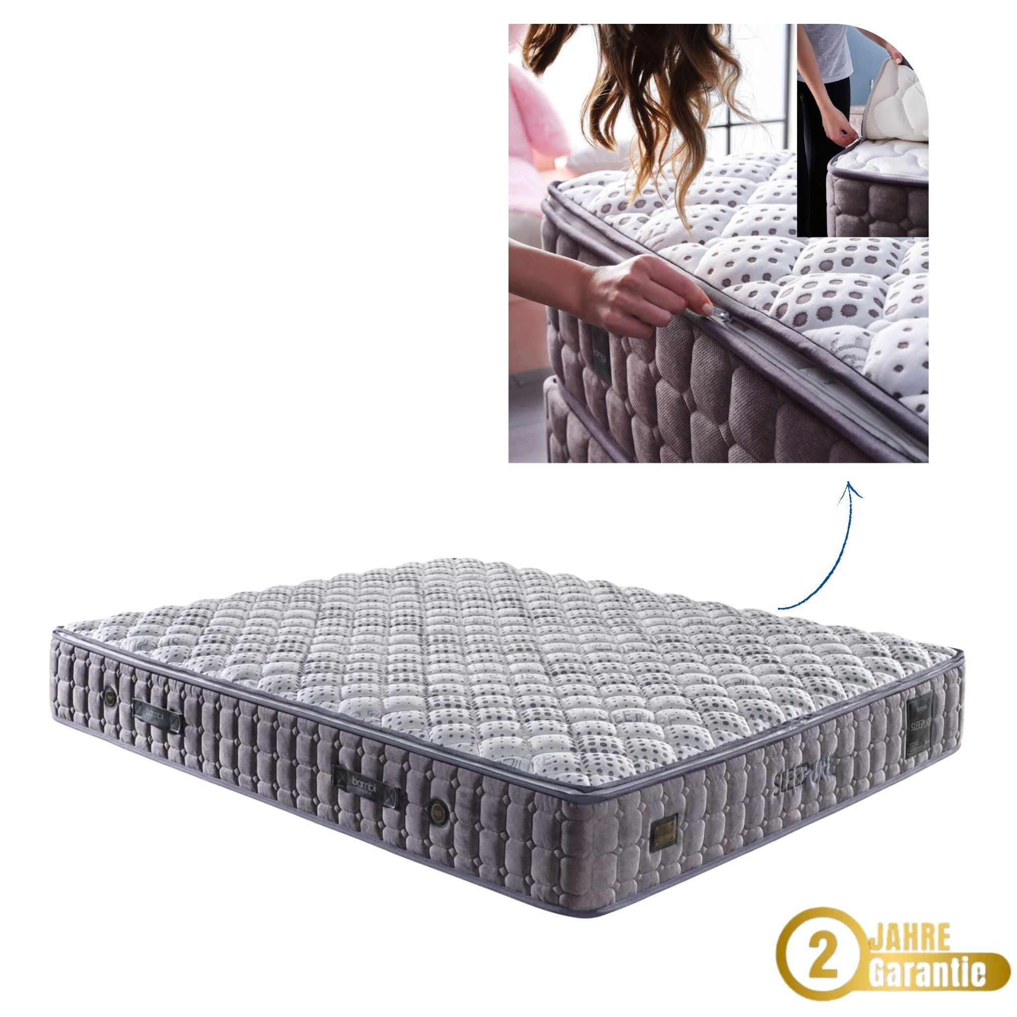 Taschenfederkernmatratze 7 Zonnen Matratze 90 -180 x 200 Reißverschluss abnehmbar und waschbar, Bambi, 31 cm hoch, (Topper mit Reißverschluss), Taschenfederkern