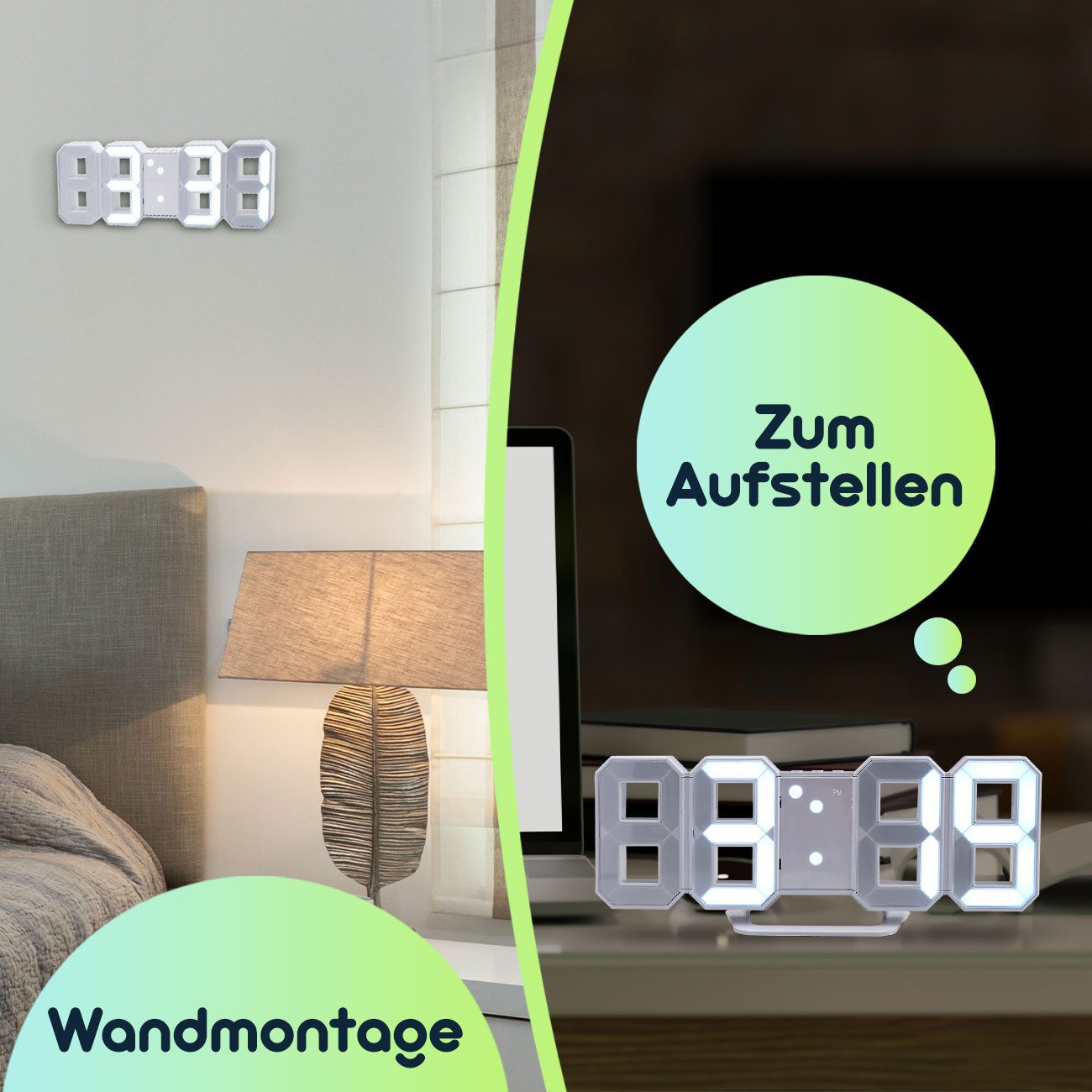 Casativo Wanduhr 3D LED Digitaluhr 7-Segment 21,5 cm Weiß Tisch- & Wanduhr mit Wecker (mit Schlummerfunktion, Nachtmodus & USB-Anschluss, Aufstellbar) – Bild 4 von 5