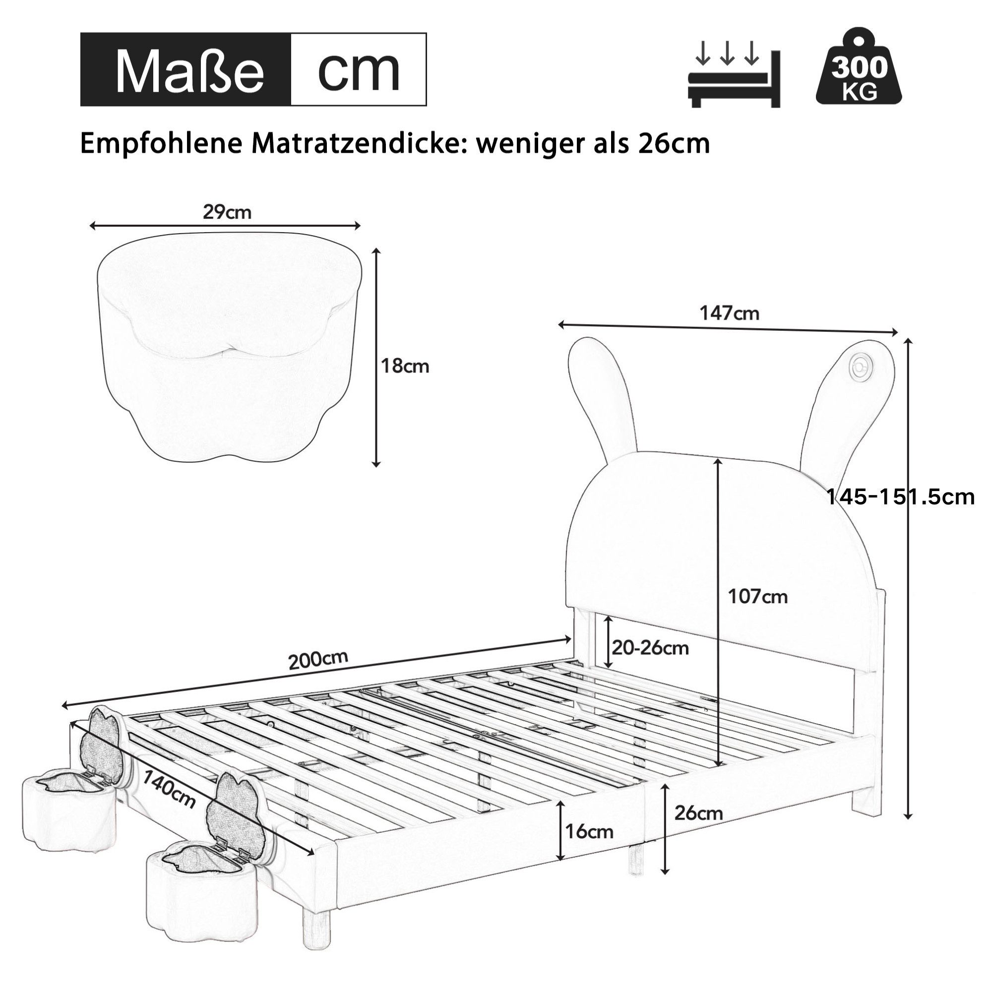 Flieks Polsterbett, LED Kinderbett 140x200cm mit ausklappbaren Hasenohren+ günstig online kaufen