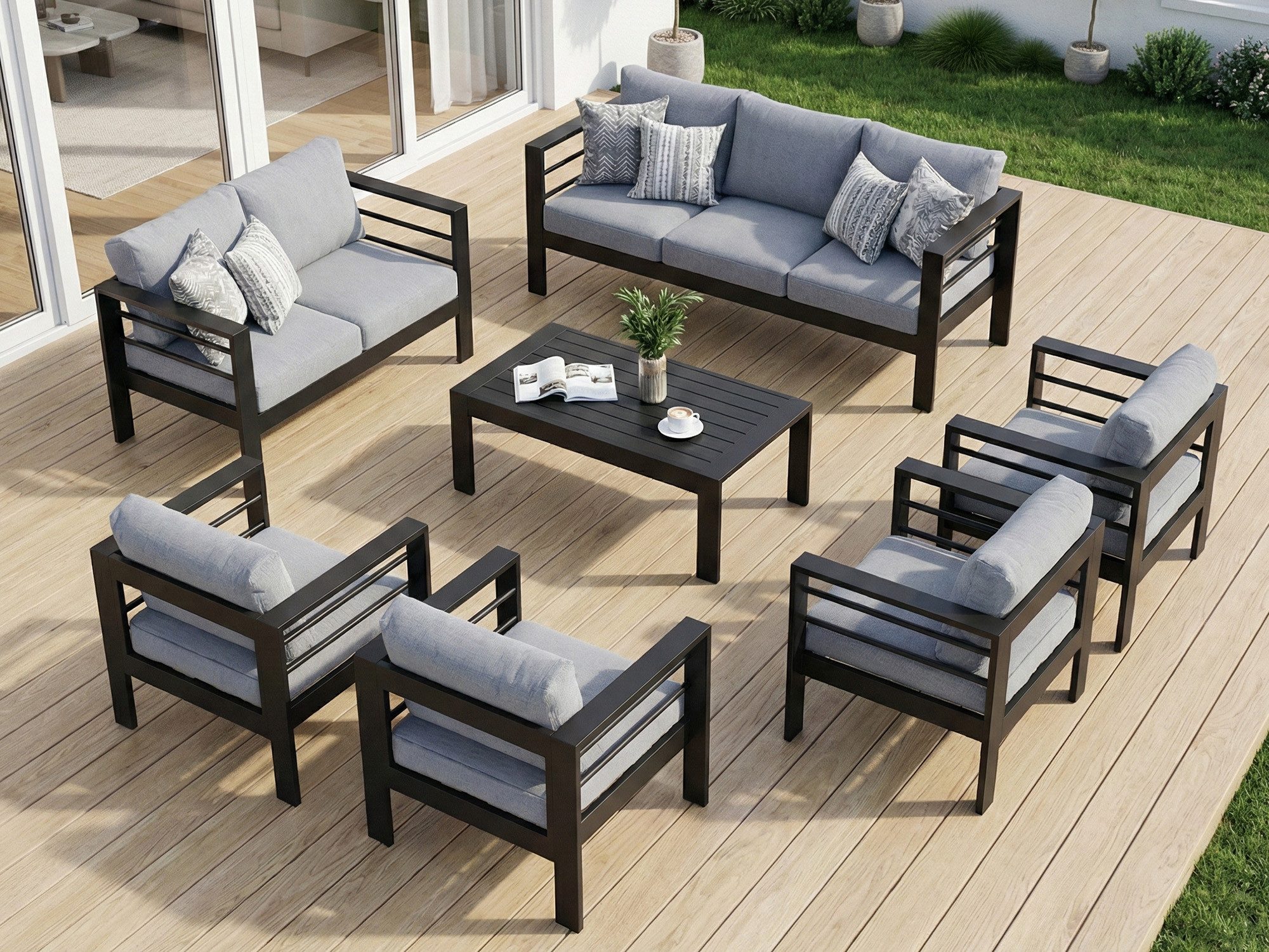 MeXo Gartenlounge-Set Terrassenmöbel Set 8-10 Personen Aluminium outdoor wetterfest, (Belastbarkeit pro Sitzplatz 140kg, 7-tlg., 12cm Deluxe Relax-Sitzkissen), Gartenmöbel Set für Außenbereich, Terrasse, Balkon und Garten