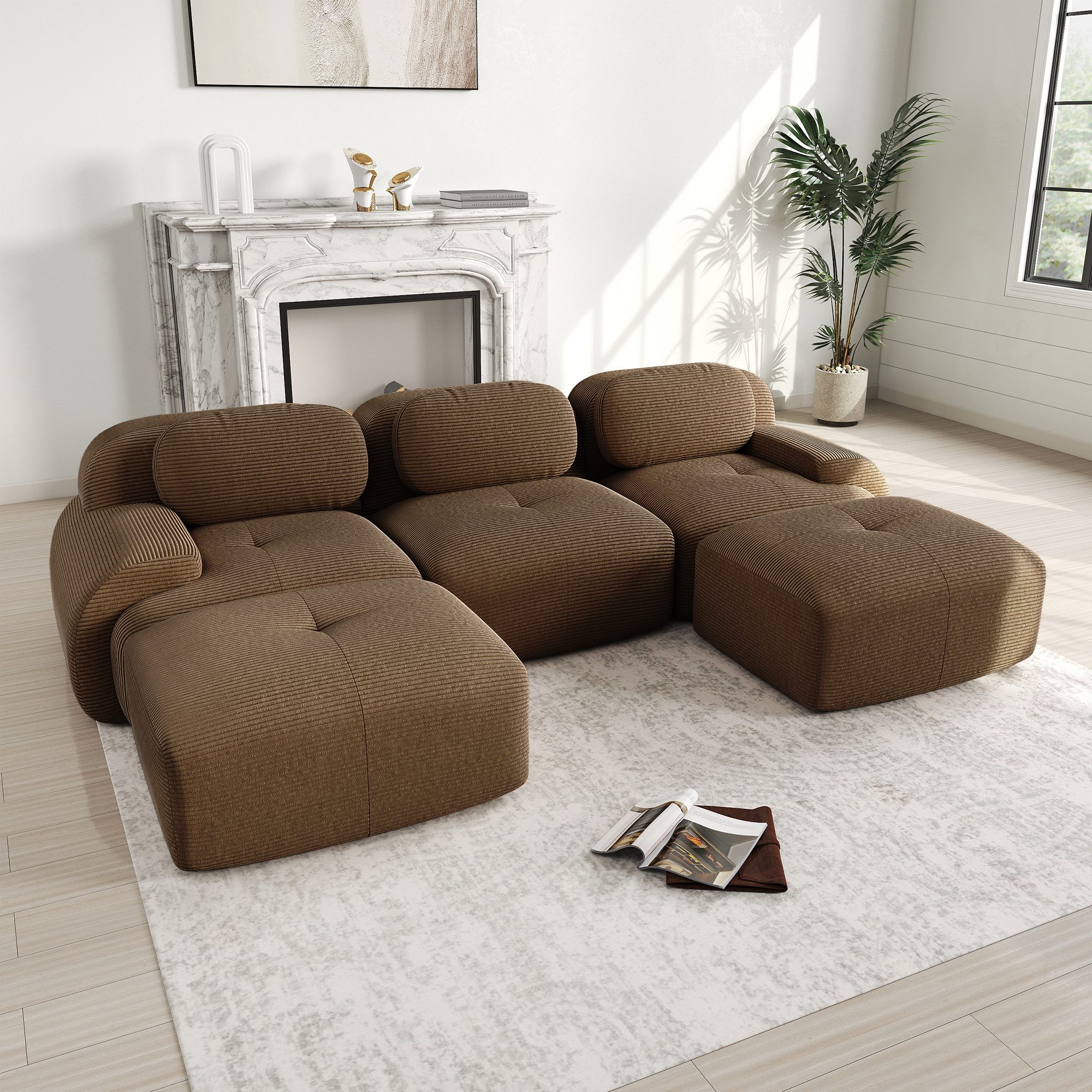 Odikalo 3-Sitzer modular kombinierbar Polstersofa Chaiselongue, Modulares U-Sofa aus Premium-Cordstoff, ohne Montage, rutschfest und haustierfreundlich, extra-breite Armlehnen, 32D hochelastische Polsterung für Wohnzimmer, Schlafzimmer und Büro