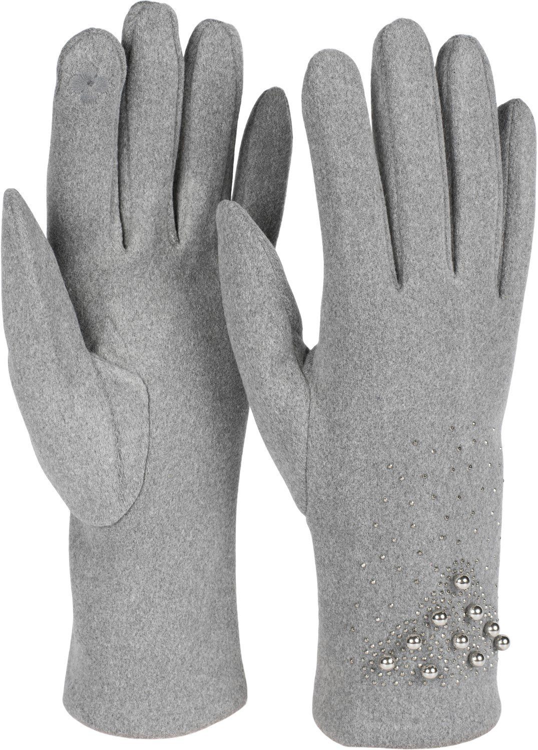 styleBREAKER Fleecehandschuhe Touchscreen Handschuhe mit Strass und Perlen Hellgrau