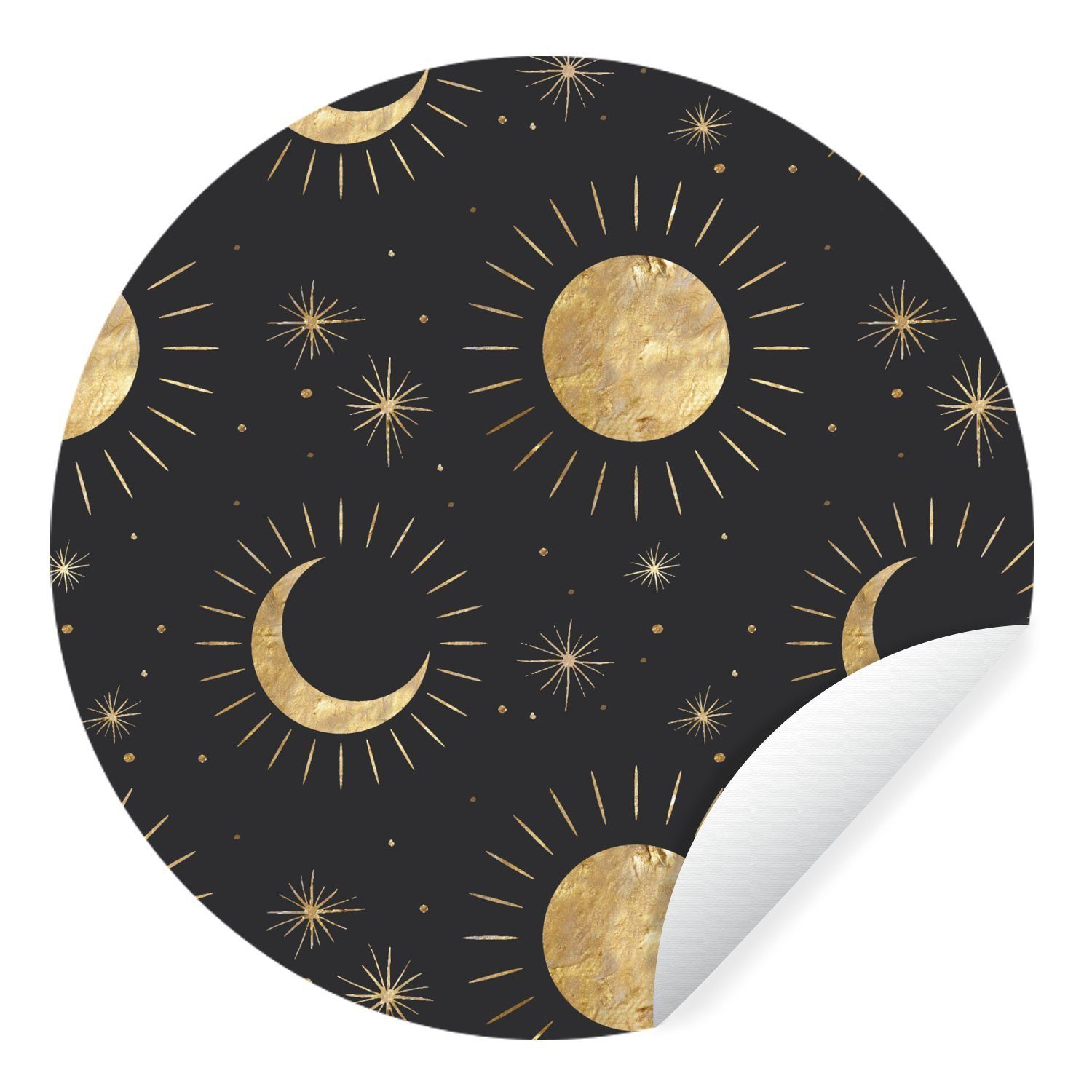 MuchoWow Wandsticker Muster - Mond - Sonne - Gold (1 St), Tapetenkreis für Kinderzimmer, Tapetenaufkleber, Rund, Wohnzimmer | Wandtattoos
