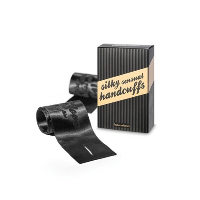 Bijoux Indiscrets Handfessel Silky Sensual Handcuffs schwarze Handfesseln aus Satin mit Aufdruck