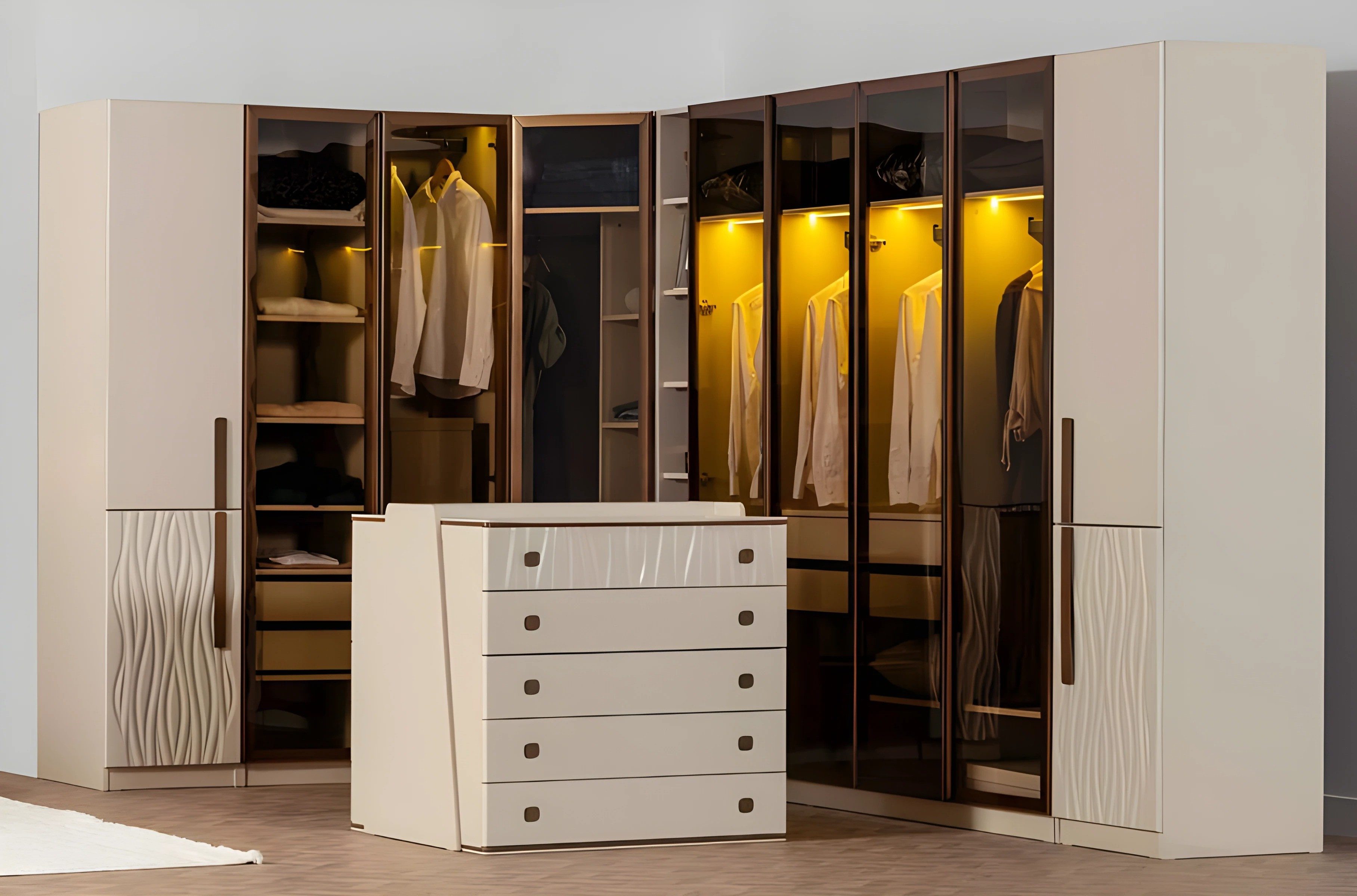 Xlmoebel Eckkleiderschrank Eckkleiderschrank aus Holz in Beige mit Glastüren und Kleiderstange (inkl. Kommode) Made in Europa