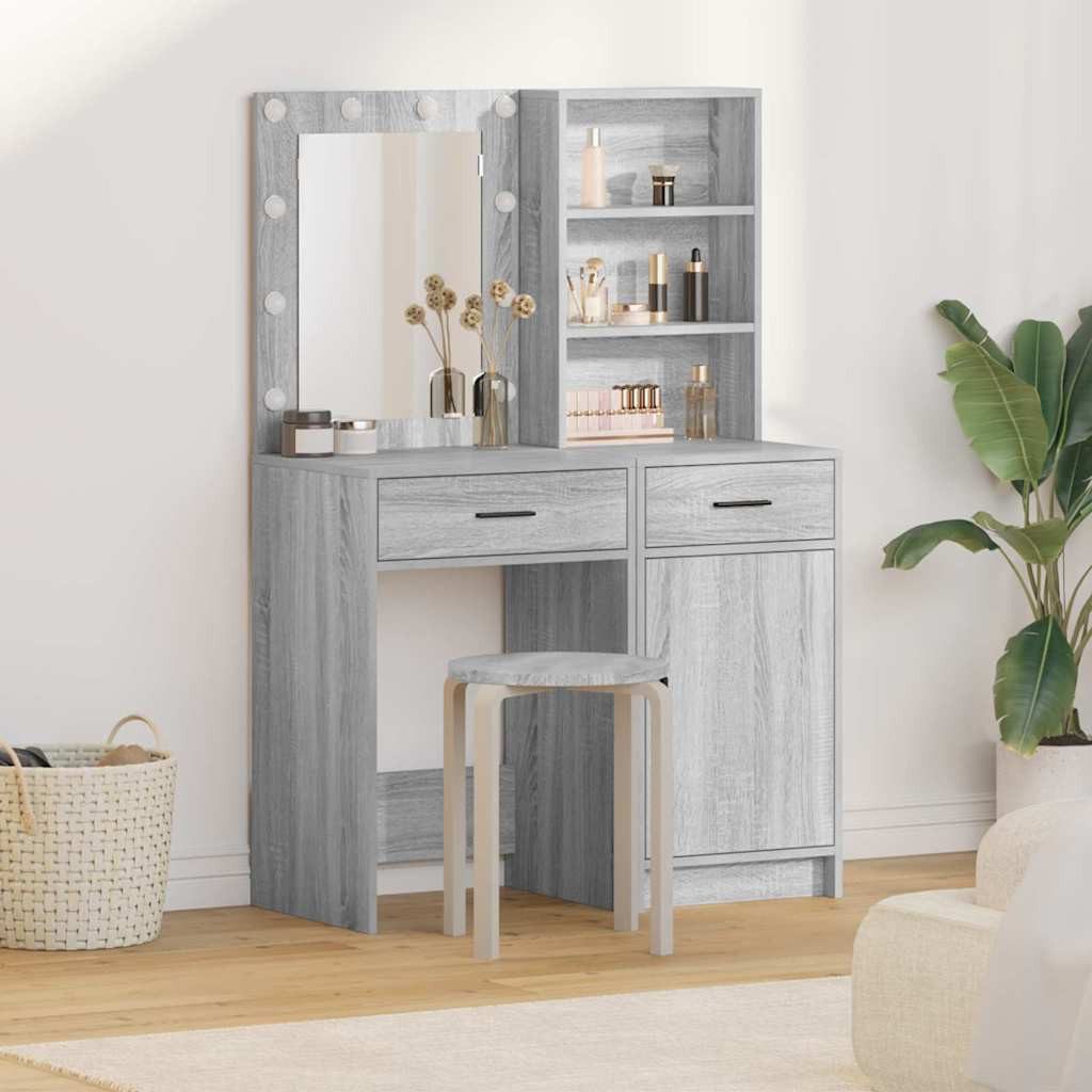 vidaXL Schminktisch Schminktischset mit LED 2 Stk. Graues Sonoma Holzwerkstoff (2-St)