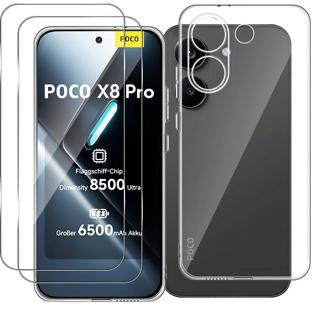 SmartUP Smartphone-Hülle + 2X Schutzglas für Xiaomi Poco X8 Pro Panzerfolie Case Screen Full 9H 6,59 Zoll, kompletter Rundumschutz
