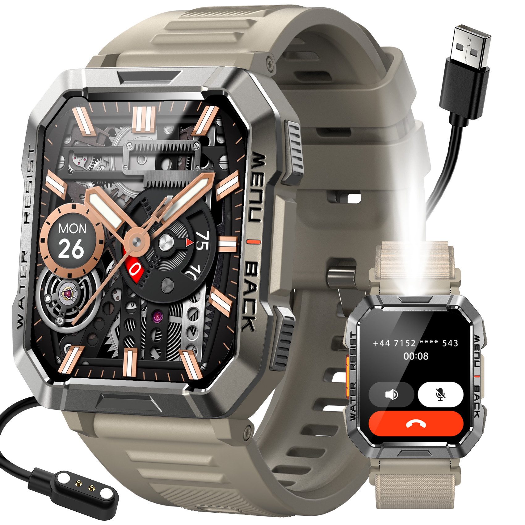 IOWODO MILITÄR SMARTWATCH HERREN W60 – 30 TAGE AKKU, LED-TASCHENLAMPE,KOMPASS Smartwatch Packung, mit atmungsaktivem, gewebtem Riemen geliefert, 2,01" Fitness Uhr,900 mAh,Bluetooth Anrufe,Ideal für Outdoor&Handwerk