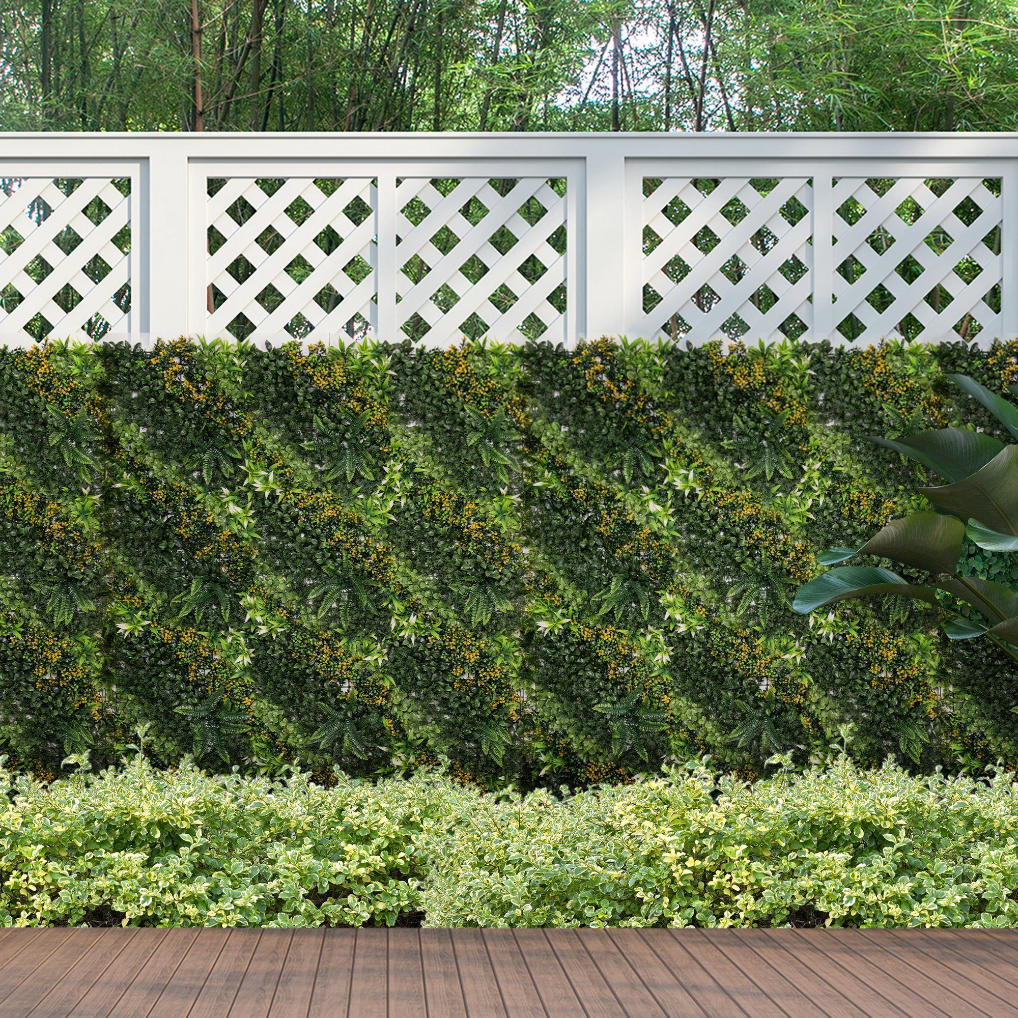 Outsunny Zierzaun Hecke Mehrblättriges Design Heckenpflanze für Garten, (Sichtschutz, 12-St., Pflanzenwand), 50cm x 50cm x 7cm, UV-Schutz