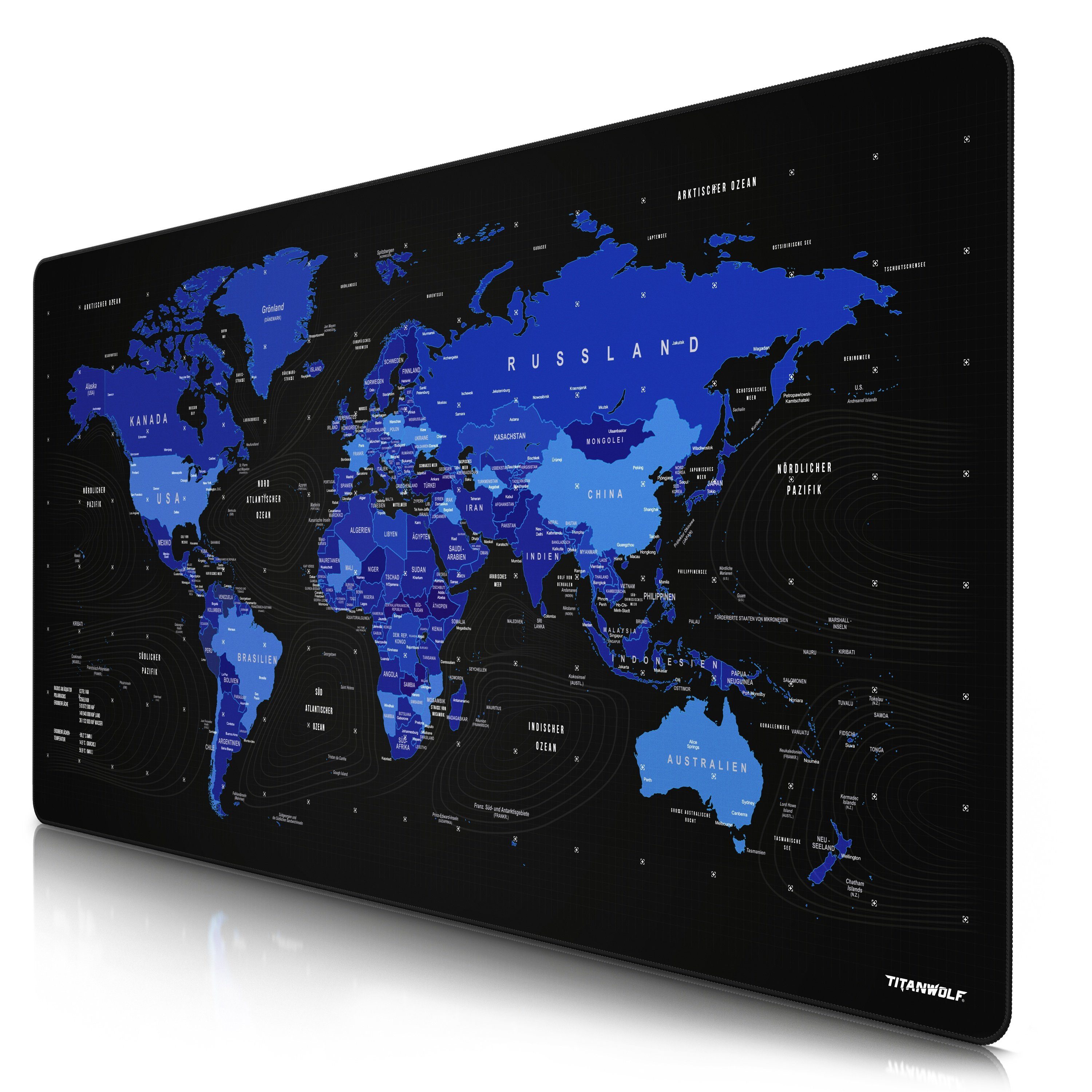 Titanwolf Gaming Mauspad XXXL Speed Mousepad 1200 x 600 x 3 mm, große Tischunterlage, rutschfest, abwaschbar, Geschwindigkeit & Präzision, Weltkarte blau