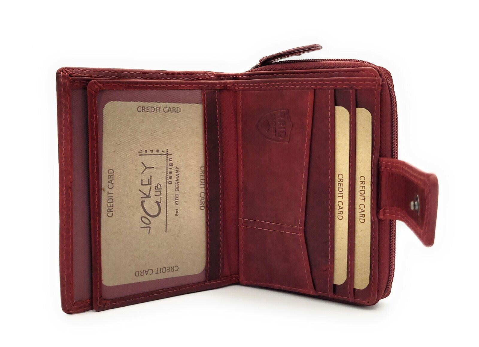 JOCKEY CLUB Schutz, Geldbörse Portemonnaie mit RFID Damen handlich, rot Leder & kompakt echt Mini Sauvage cherry Rindleder