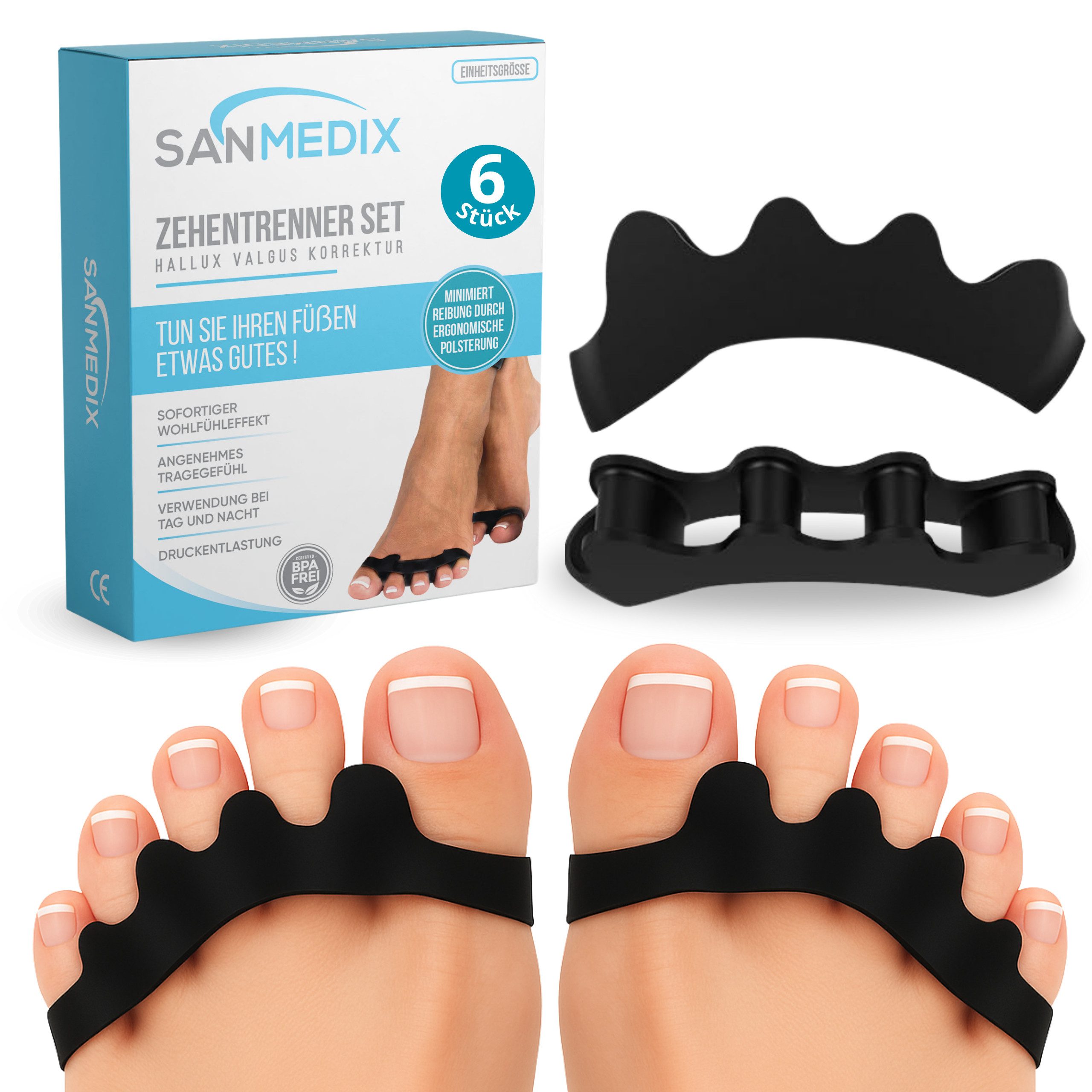 Sanmedix Zehenspreizer für alle Zehen - Zehentrenner aus Silikon für Damen & Herren, 3 Paar / 6 Stück, Zehenstrecker Korrektur Set gegen Hallux Valgus, Ballenzehen uvm.