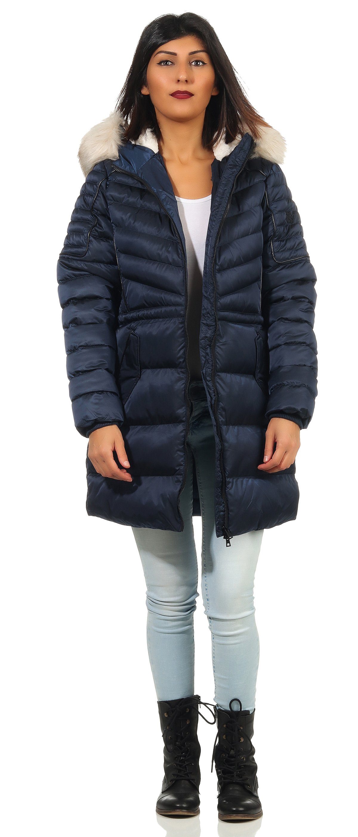 Geographical Norway Winterjacke Damen Outdoor Jacke Steppjacke Konisch geschnitten in Unifarbe, mit flauschiger Kapuze
