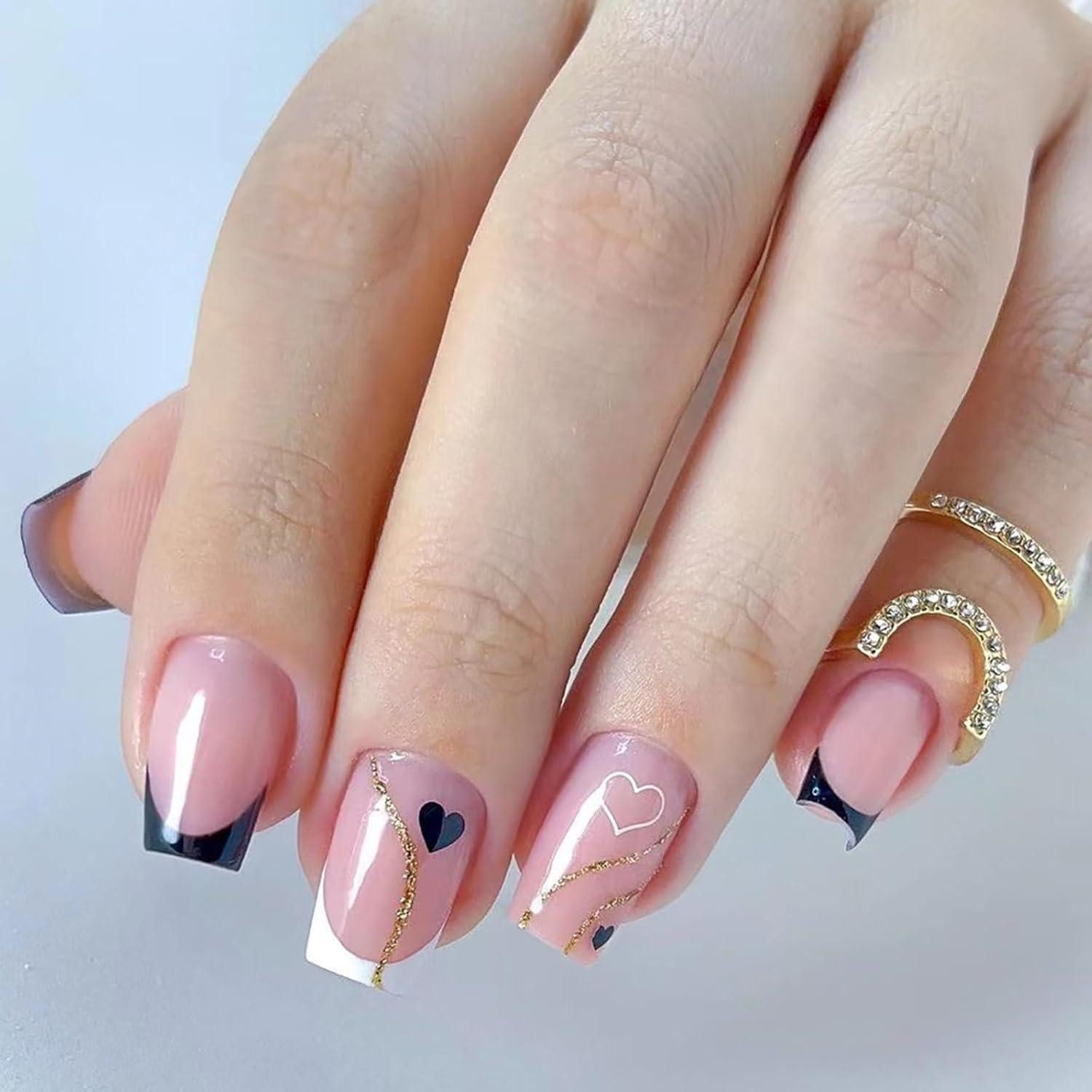 Kunstfingernägel Valentinstag Press on Nails Kurz Schwarz Gold Glänzend Acryl 24 Stück