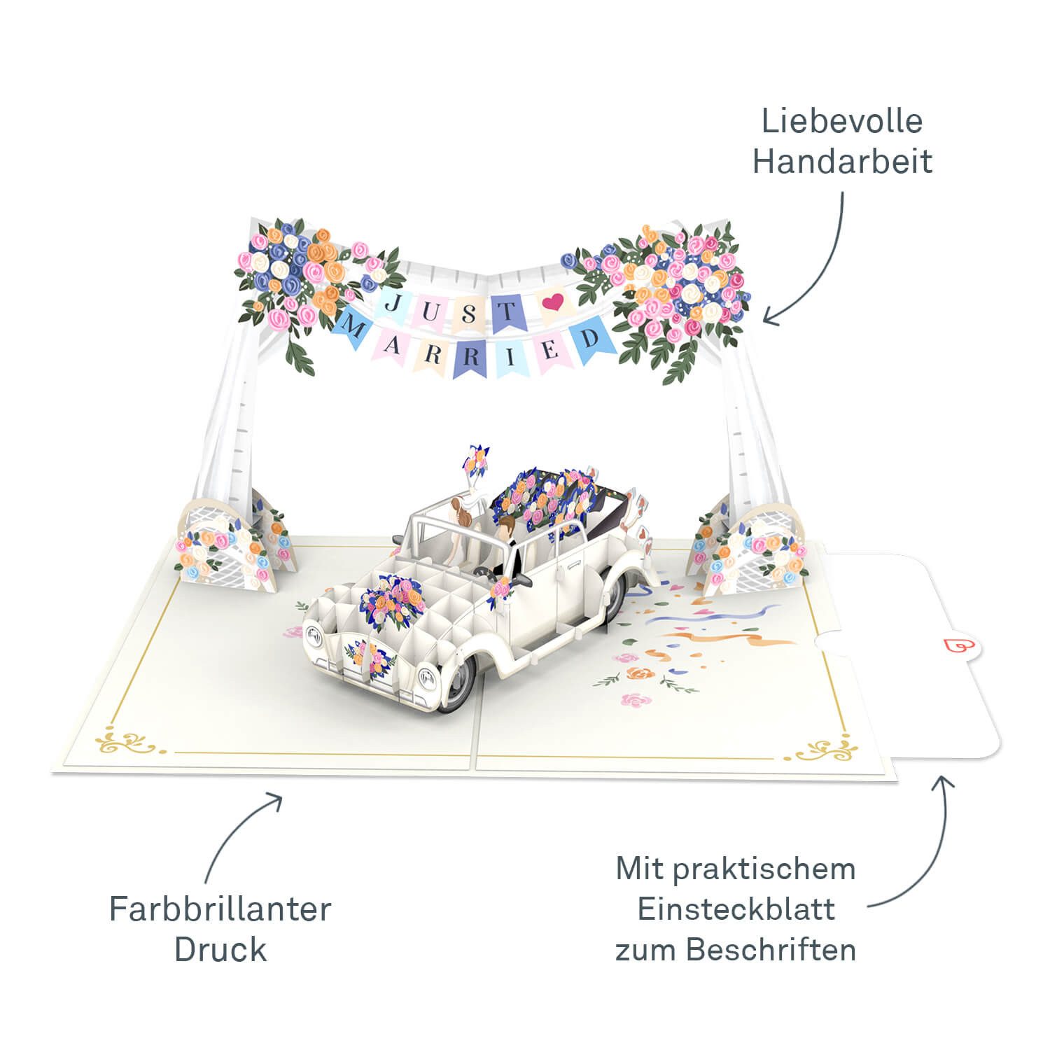 papercrush Hochzeitskarte Hochzeitsauto "Just Married" Pop-Up Karte, Glückwunschkarte Hochzeit, Handgemacht