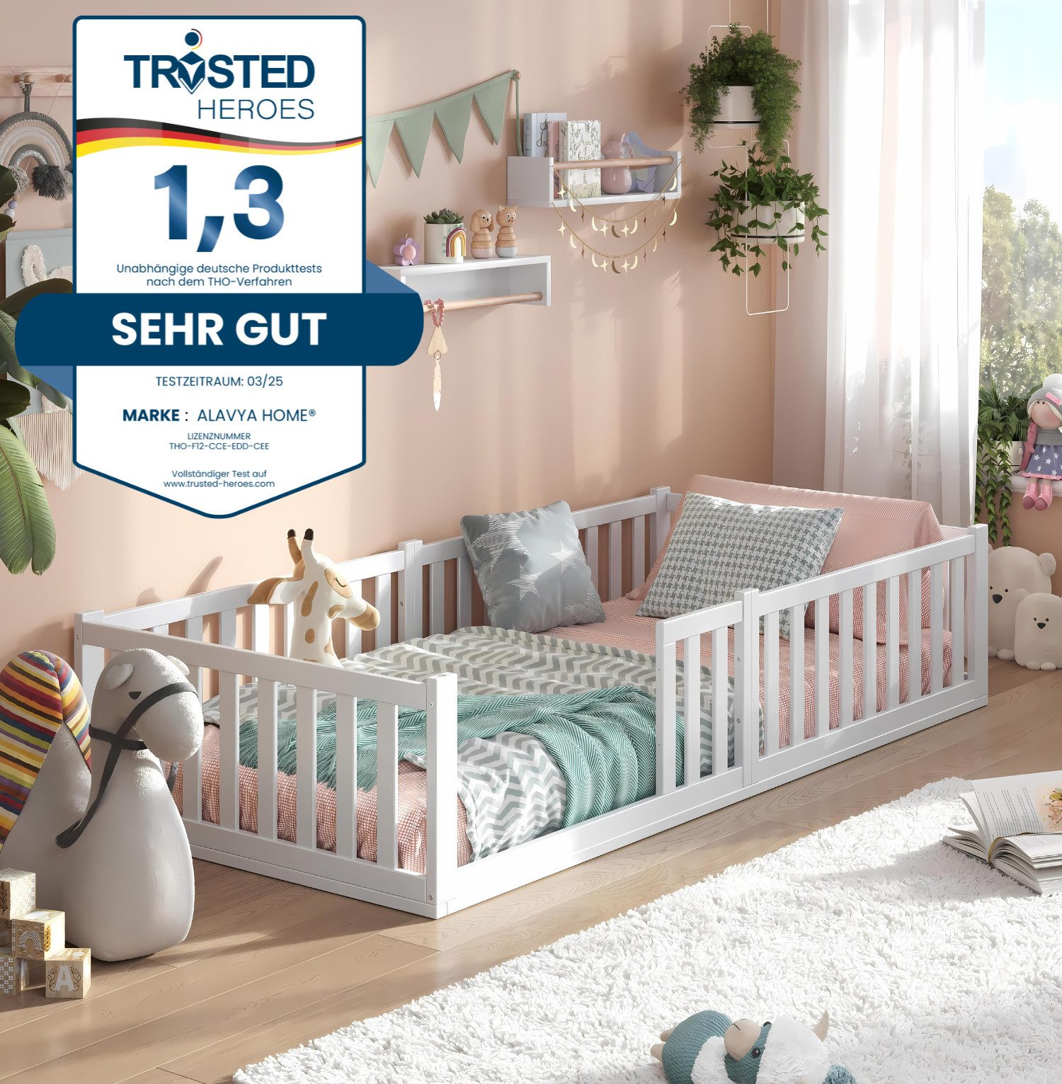 Alavya Home® Kinderbett Bodenbett TITAN aus Buchenholz FSC® 100% zertifizert (Exklusives Beech Wood Bett – Neu und Hochwertig – Einzigartig auf OTTO – Top-Preis!, Bodenbett 90x200 cm inkl. Matratze mit Rausfallschutz & Lattenrost Kinderbett 90x200), bodentiefes weiß bett massiv BUCHE für Junge Mädchen Eltern