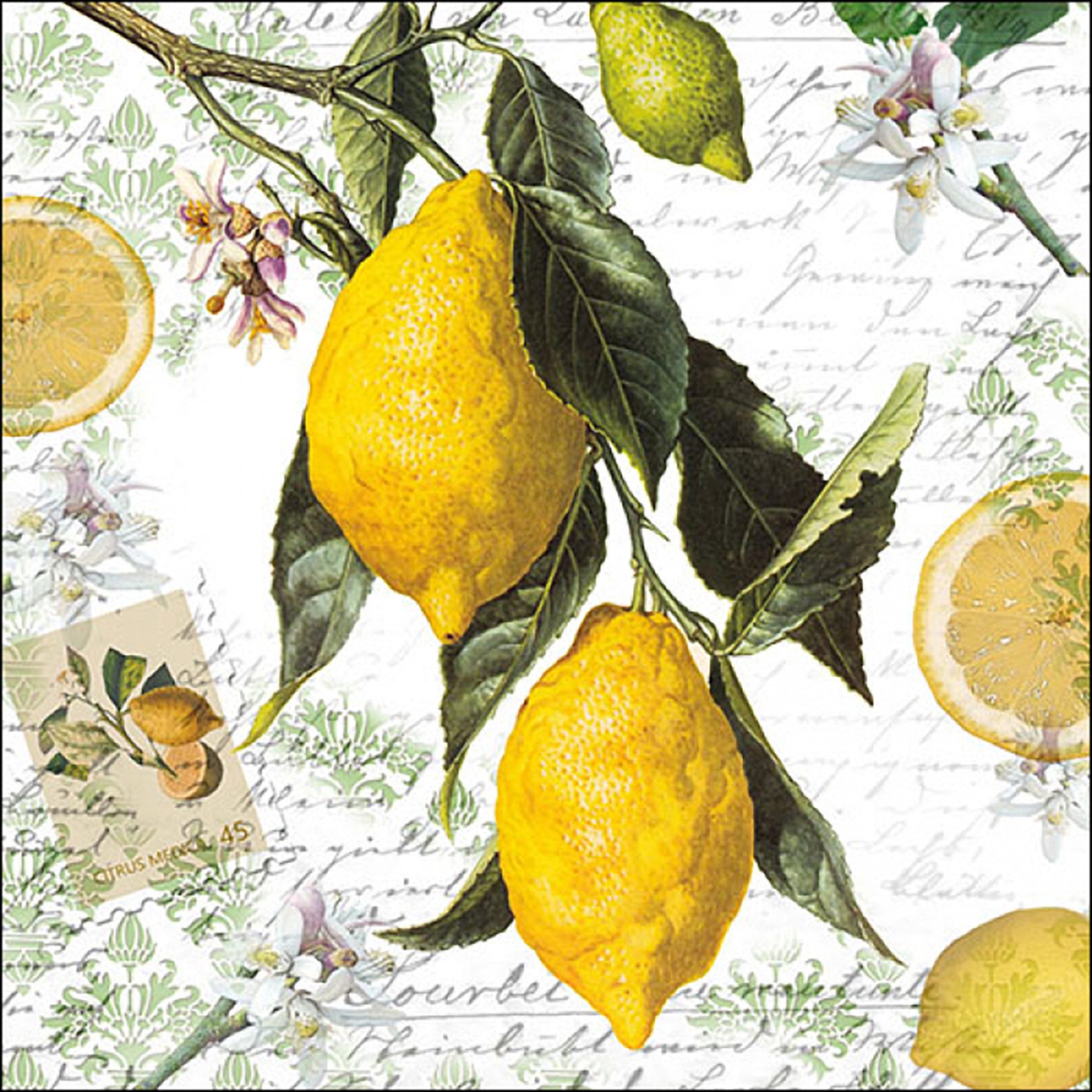 Ambiente Luxury Paper Products Papierserviette, Servietten Papier 33x33cm 3-lagig mit Vintage Zitronen Motiv 20 Stk.