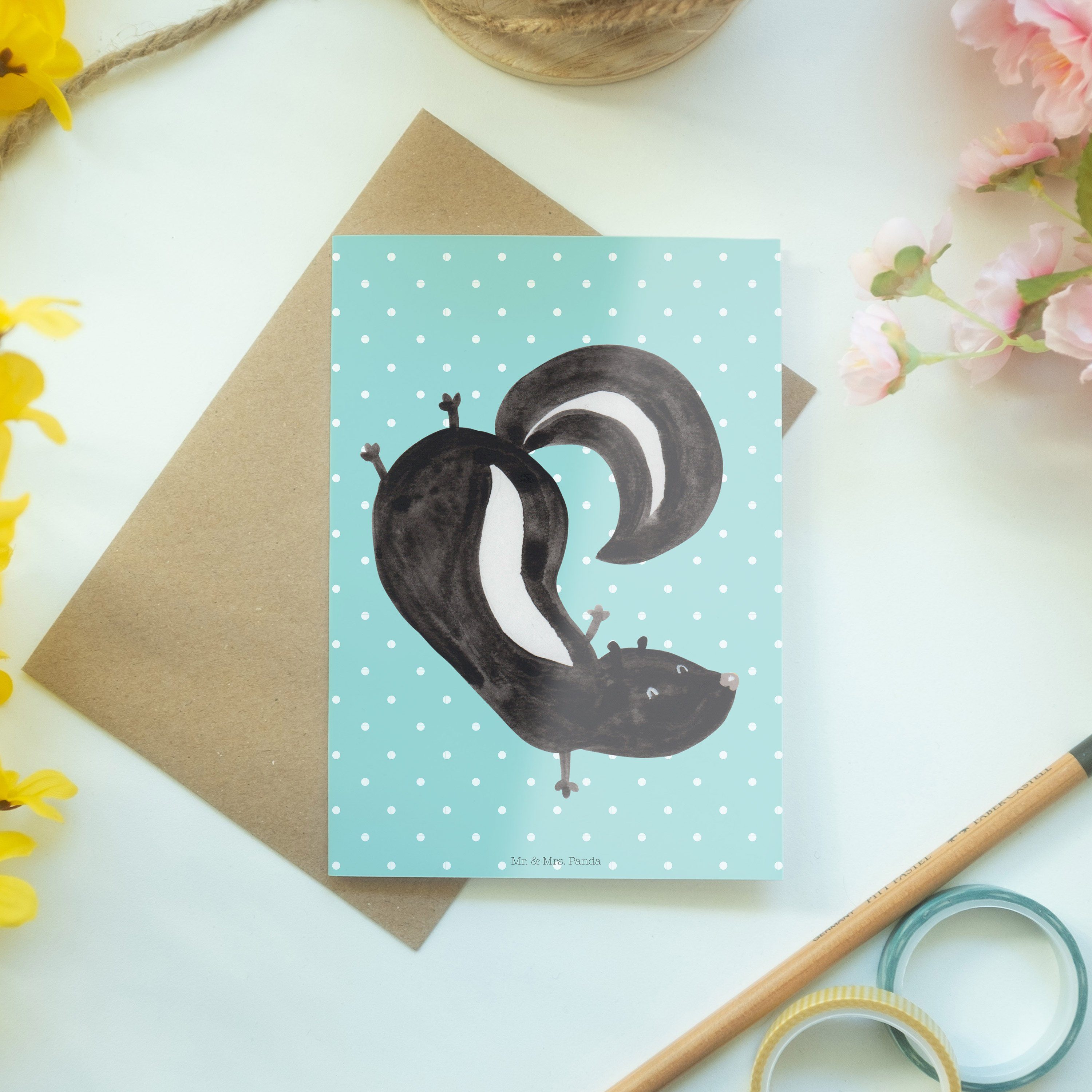 Mr. & Mrs. Panda - Türkis - Pastell Grußkarte Stinktier Geschenk, Handstand Ge Einladungskarte