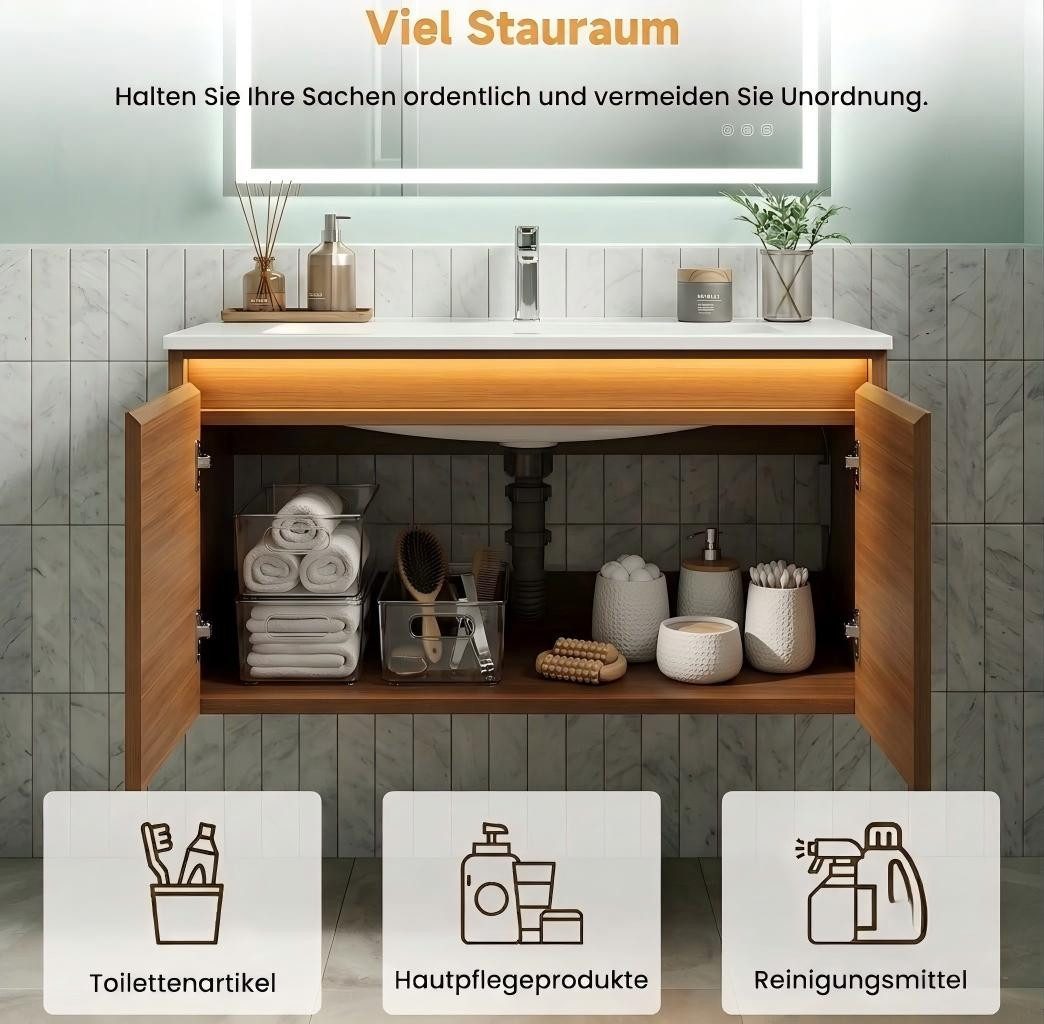 SONNI Waschbeckenschrank Waschbeckenunterschrank mit Sensorleuchte & Waschbecken Holzfarbe mit Gittertür, Breite 89/79cm, mit Sensorleuchte, Naturholz-Optik – Bild 5 von 5
