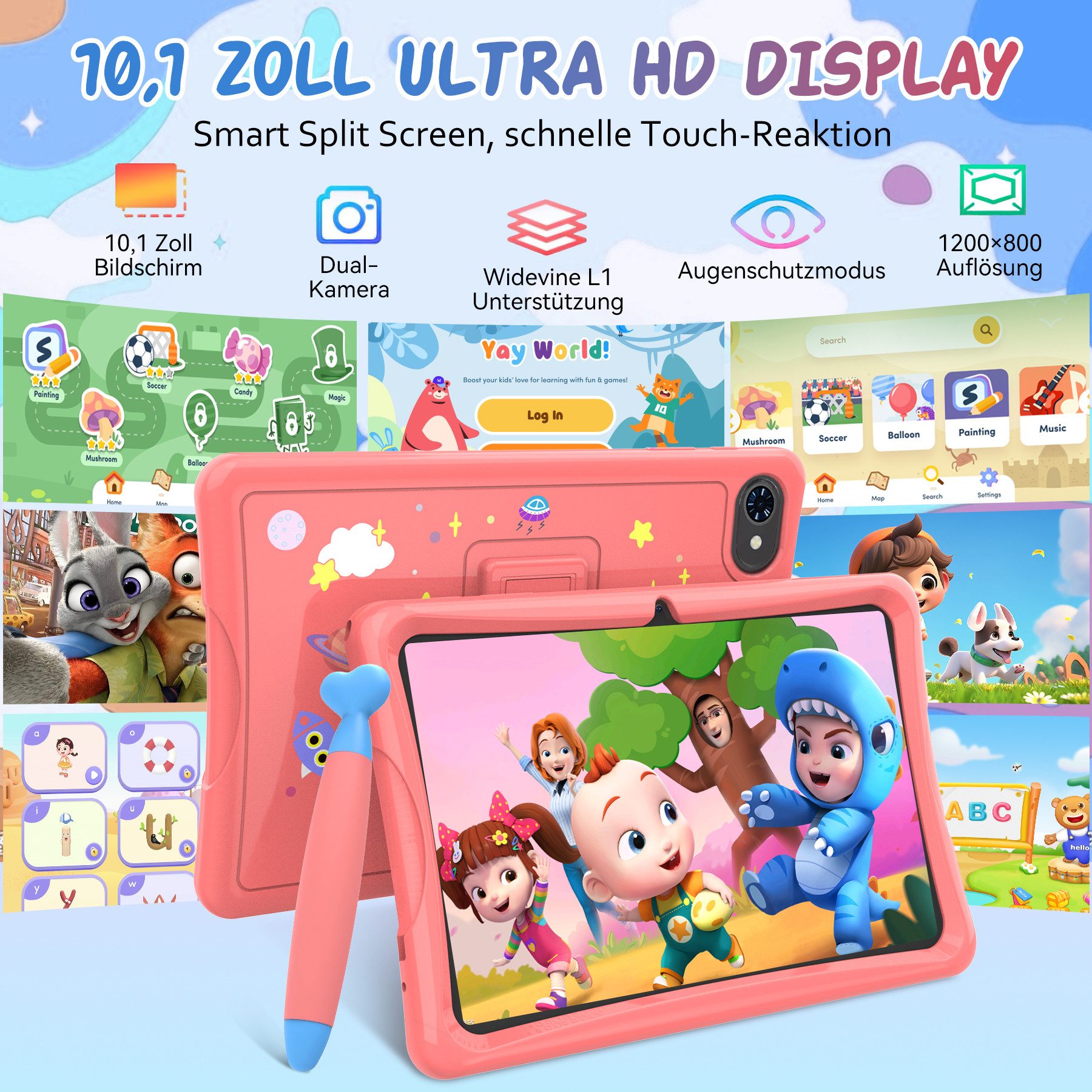 TABWEE 10" kinder tablet Android15 mit Hülle, Stift Tablet (10.1", 64 GB, Android15, Google Kids Space, 5G wifi, Android 15, Gemini AI, mit Stift)