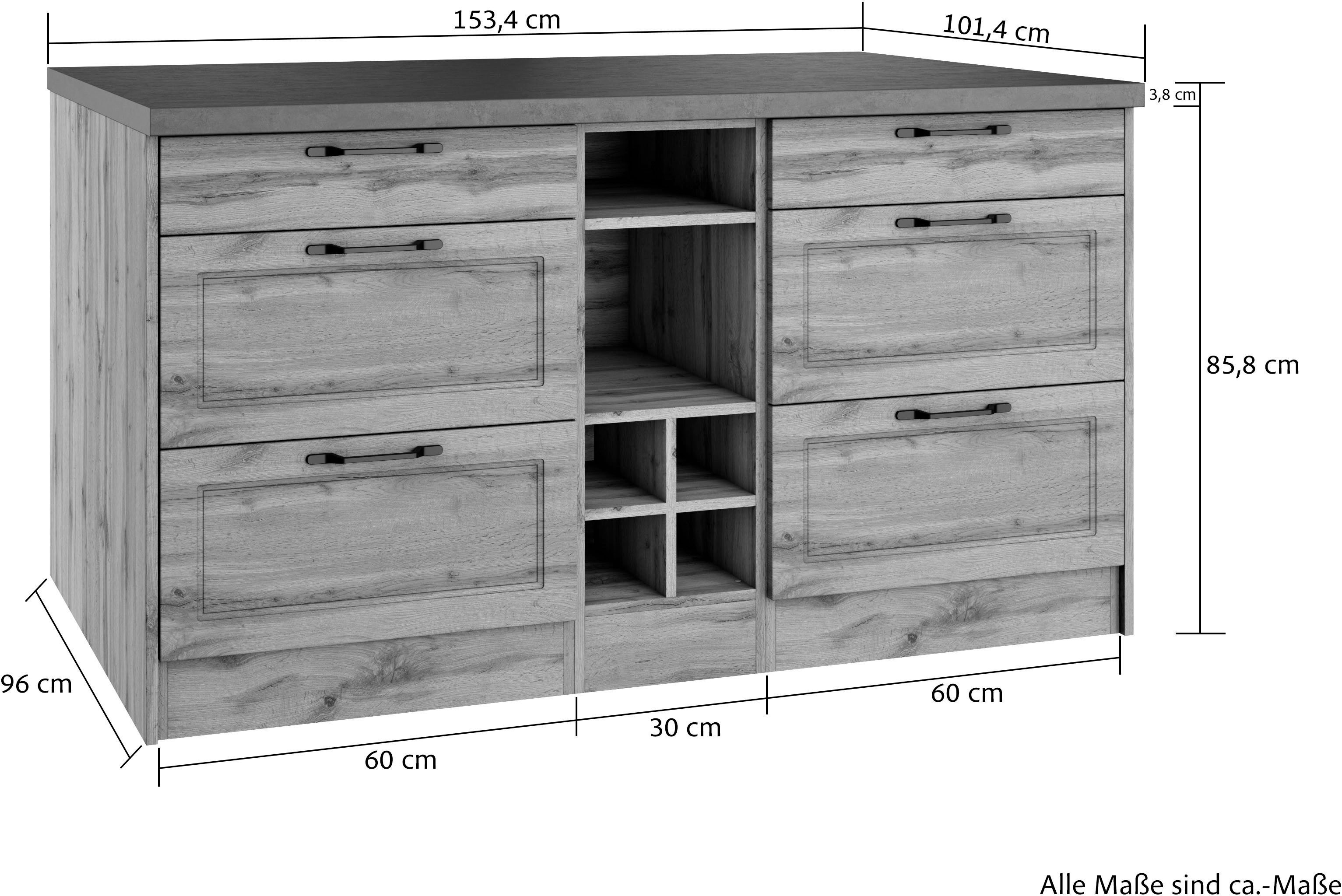 KOCHSTATION Kücheninsel KS-Lani, Breite 153 cm, mit Flaschenregal, MDF-Fronten, Arbeitsplatte 38mm stark