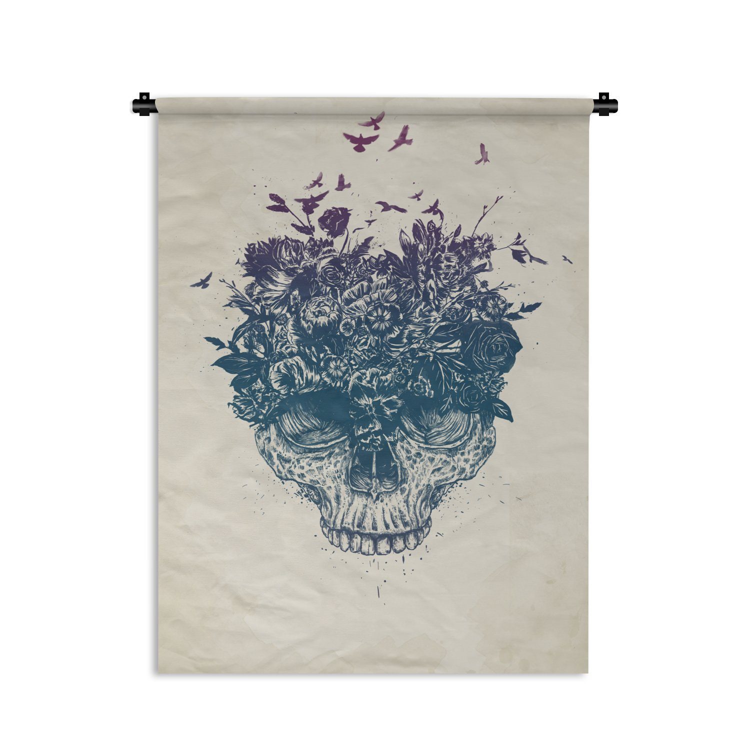 MuchoWow Wanddekoobjekt Totenkopf - Natur - Blumen - Totenkopf, Deko für an der Wand, Wohnzimmer, Tapisserie, Schlafzimmer