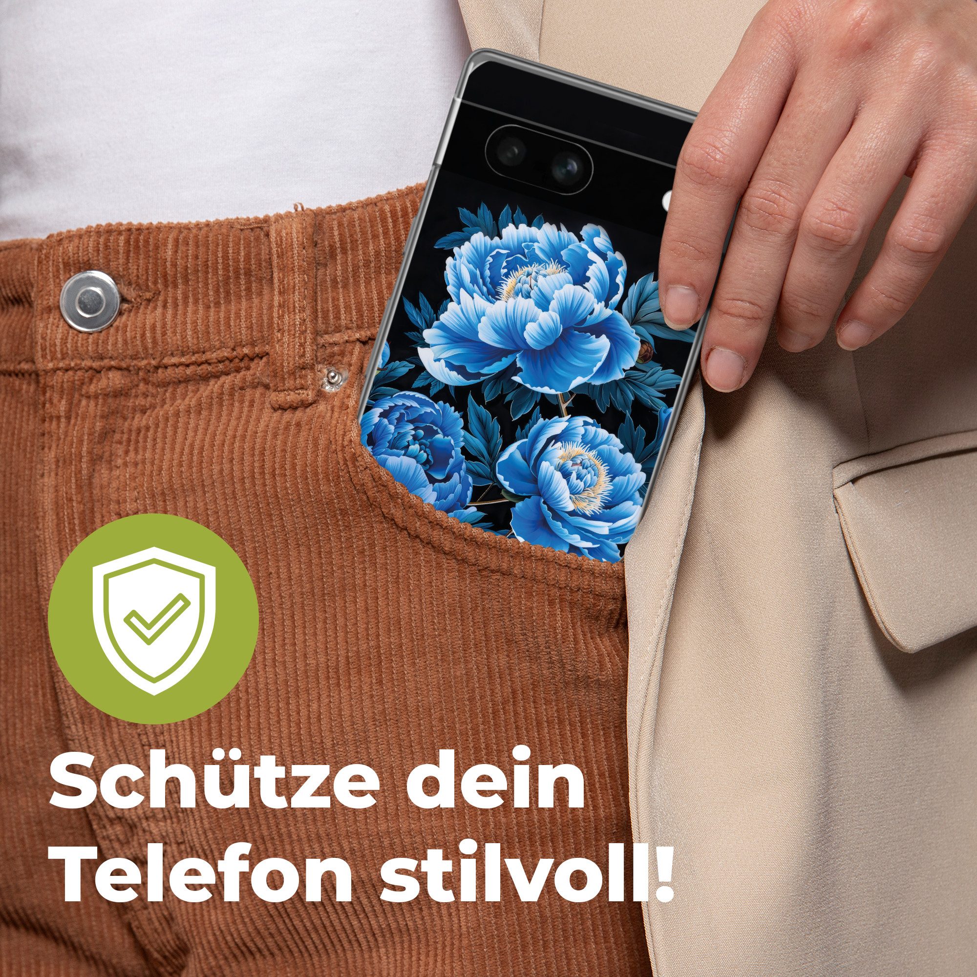 MuchoWow Handyhülle für Google Pixel 7a Blumen - Schwarz - Blau - Modern, Handy Case, Silikon, Bumper Case Dünn
