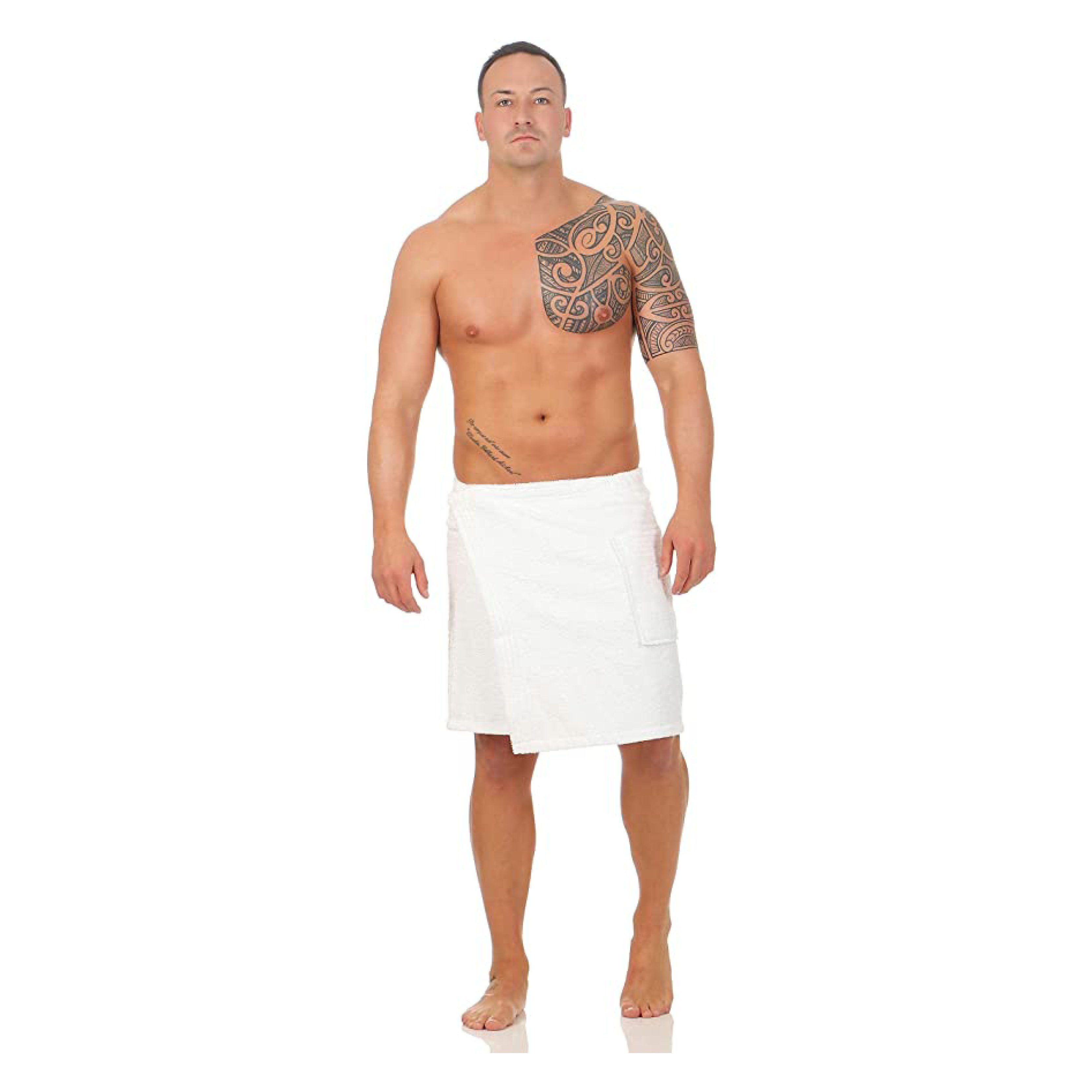 CLASS HOME COLLECTION mit Klettverschluss x Klettverschluss und Saunatuch Saunakilt, Gummizug, 136 Saunatuch mit 50 Home Knielang Frottee Baumwolle, 100% Sauna Collection Weiß Class Sarong Herren cm