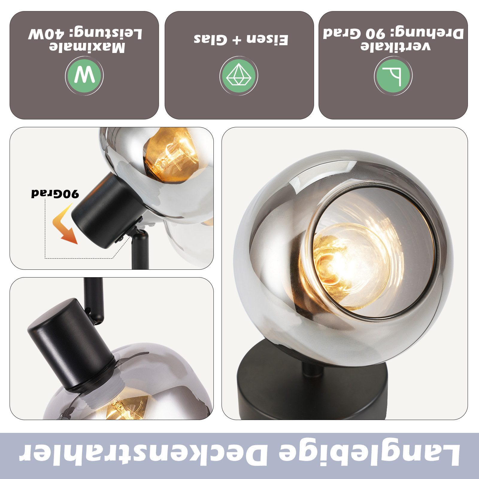 Nettlife Deckenstrahler Glas Vintage Rauchgrau E14 günstig online kaufen