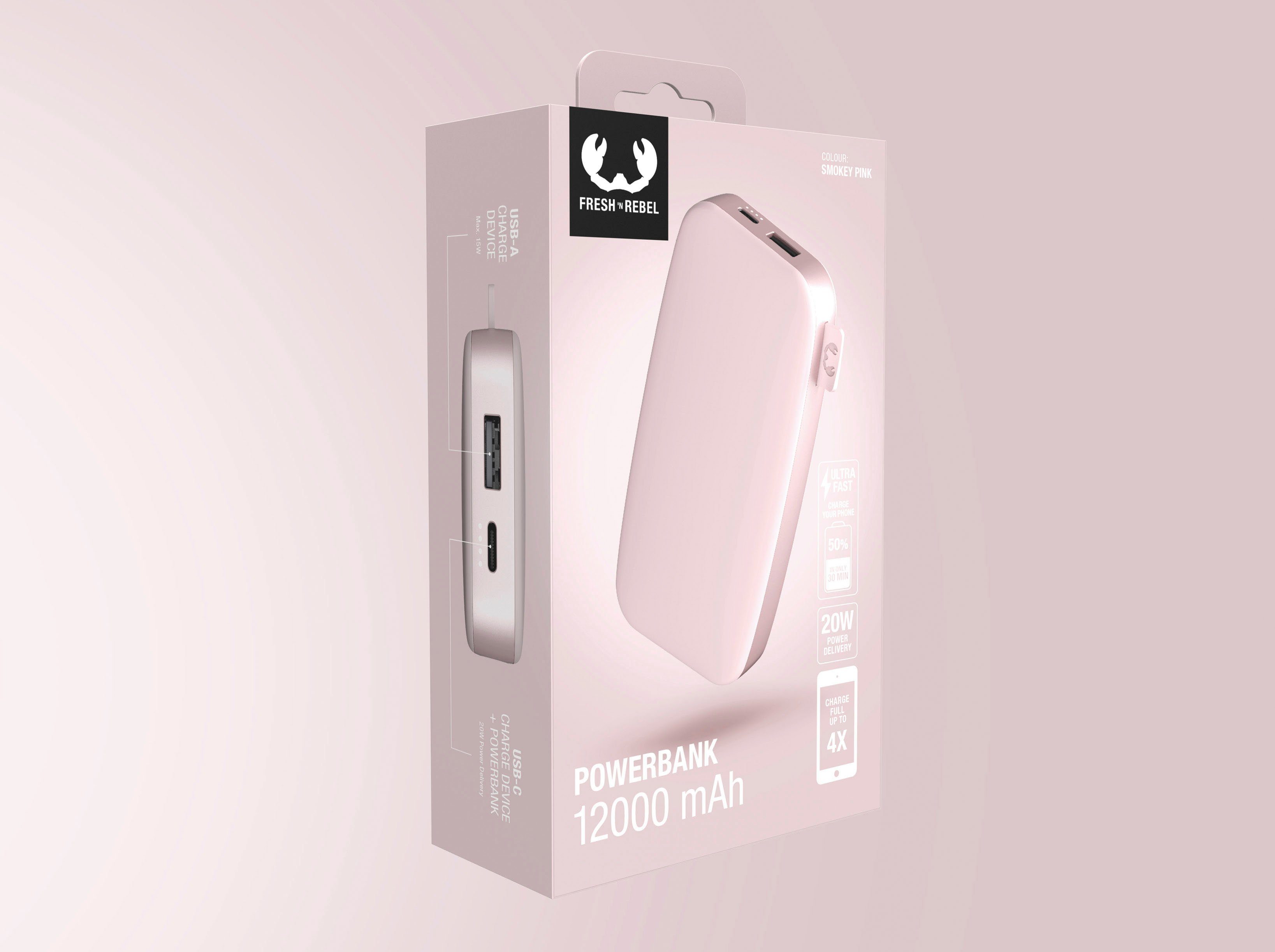 Charge PD Rebel Power Ultra 12000mAh Fast USB-C, Powerbank Fresh´n rosa & mit 20W Pack