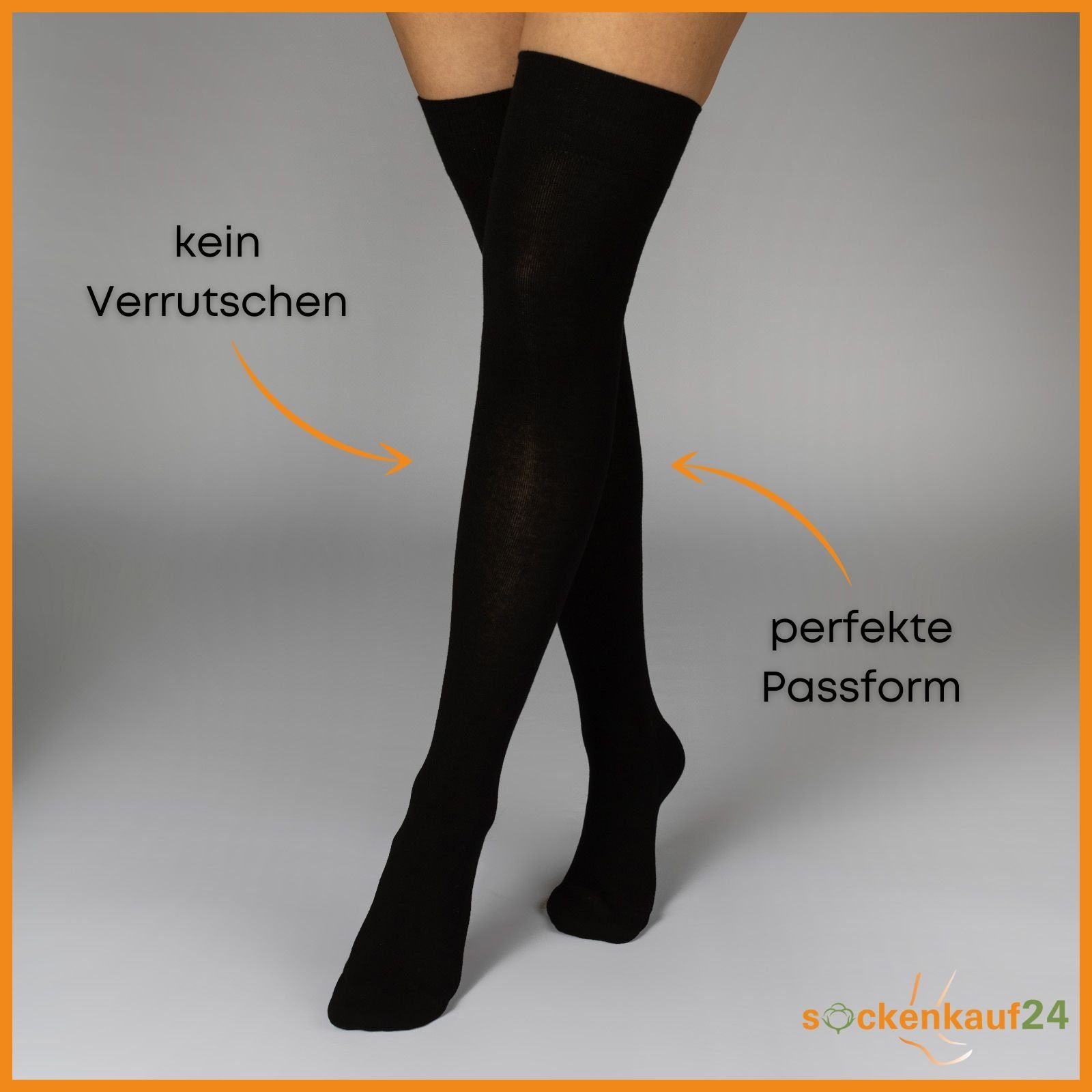 sockenkauf24 Overknees 2 Paar Overknee Strümpfe Damen Kniestrümpfe (Schwarz, 35-38) Schwarz Bunt Ringel Baumwolle - 10723 WP