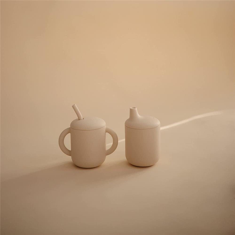 Mushie Kinderbecher Shifting Sand, Trinklernbecher und Trinkhalm aus Silikon, für Kleinkinder ab 6 Monaten, Beige