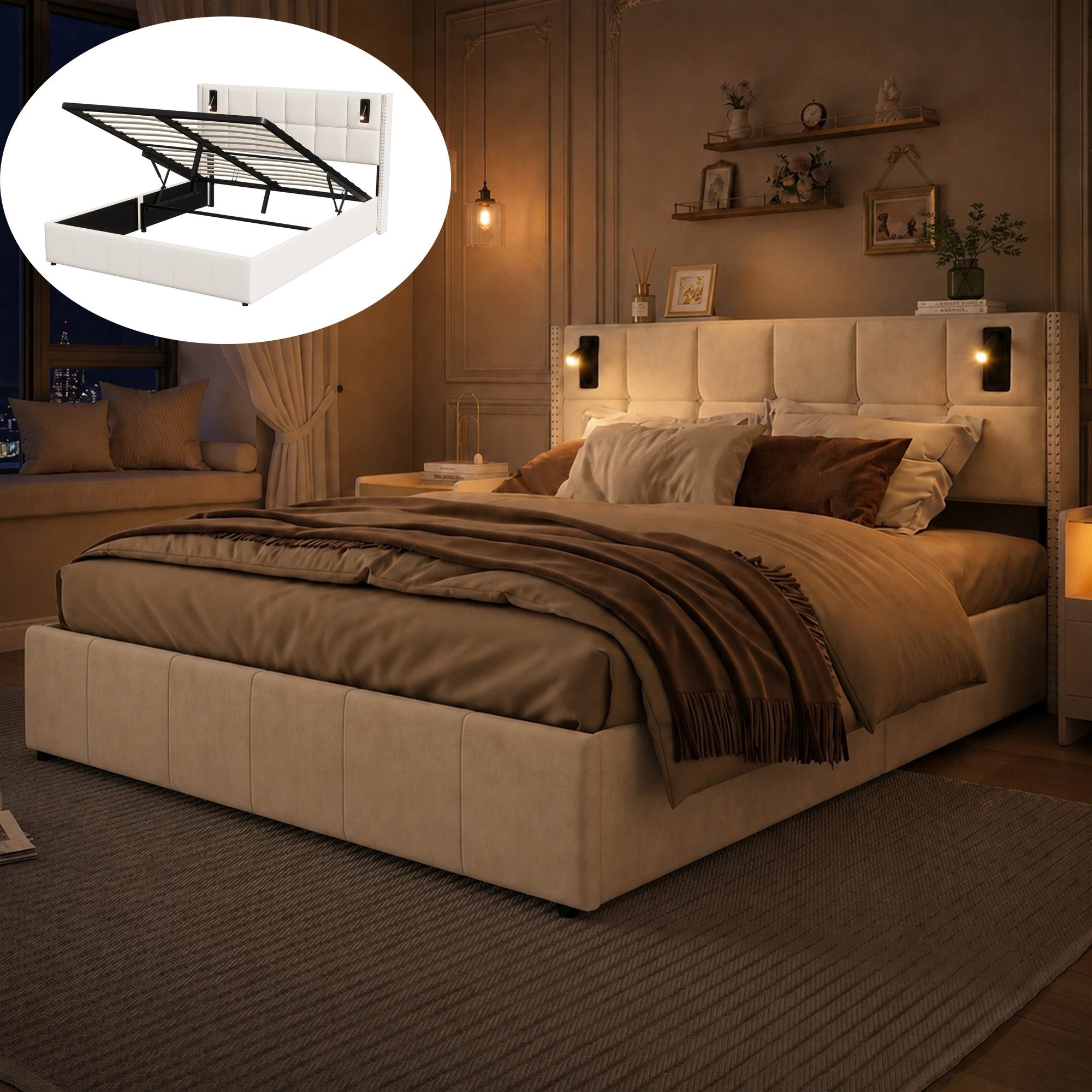 zebery Stauraumbett Polsterbett Doppelbett Mit LED-Leseleuchte (Packung, 1-tlg., Die Leselampe lässt sich um 180° verstellen), 140x200 cm,Hydraulischer Funktion,Kopfteil und Bettgestell,Samt,Beige
