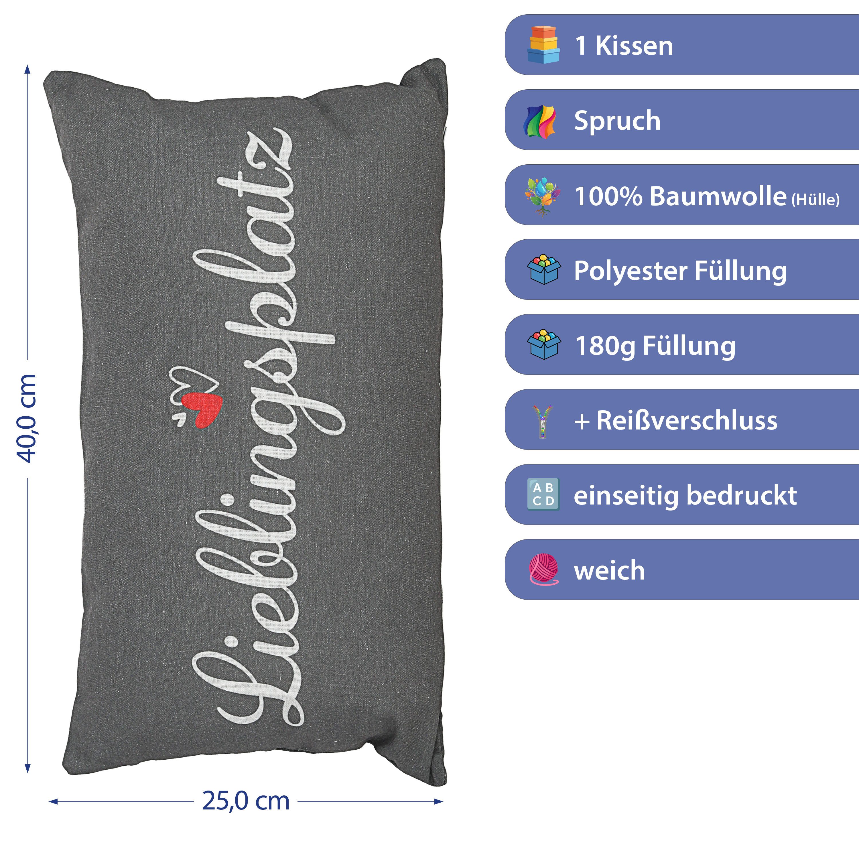 CEPEWA Dekokissen Kissen Lieblingsplatz 40x25cm grau Baumwolle PES 180g Reißverschluss