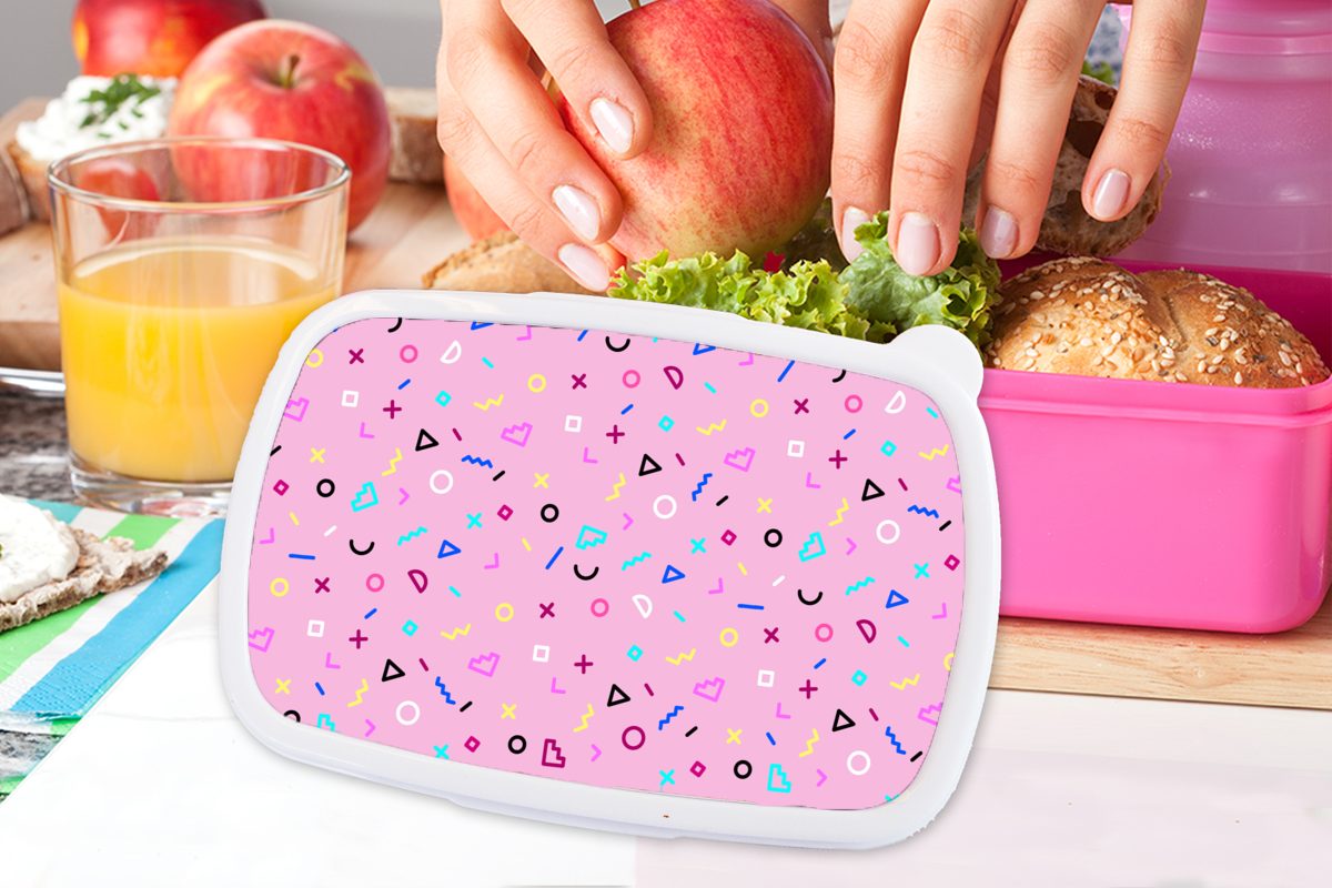 Muster 80s, Snackbox, Jahre Kunststoff, Design Mädchen, - Erwachsene, MuchoWow für - Kinder, - Kunststoff Brotbox (2-tlg), Rosa Lunchbox Brotdose