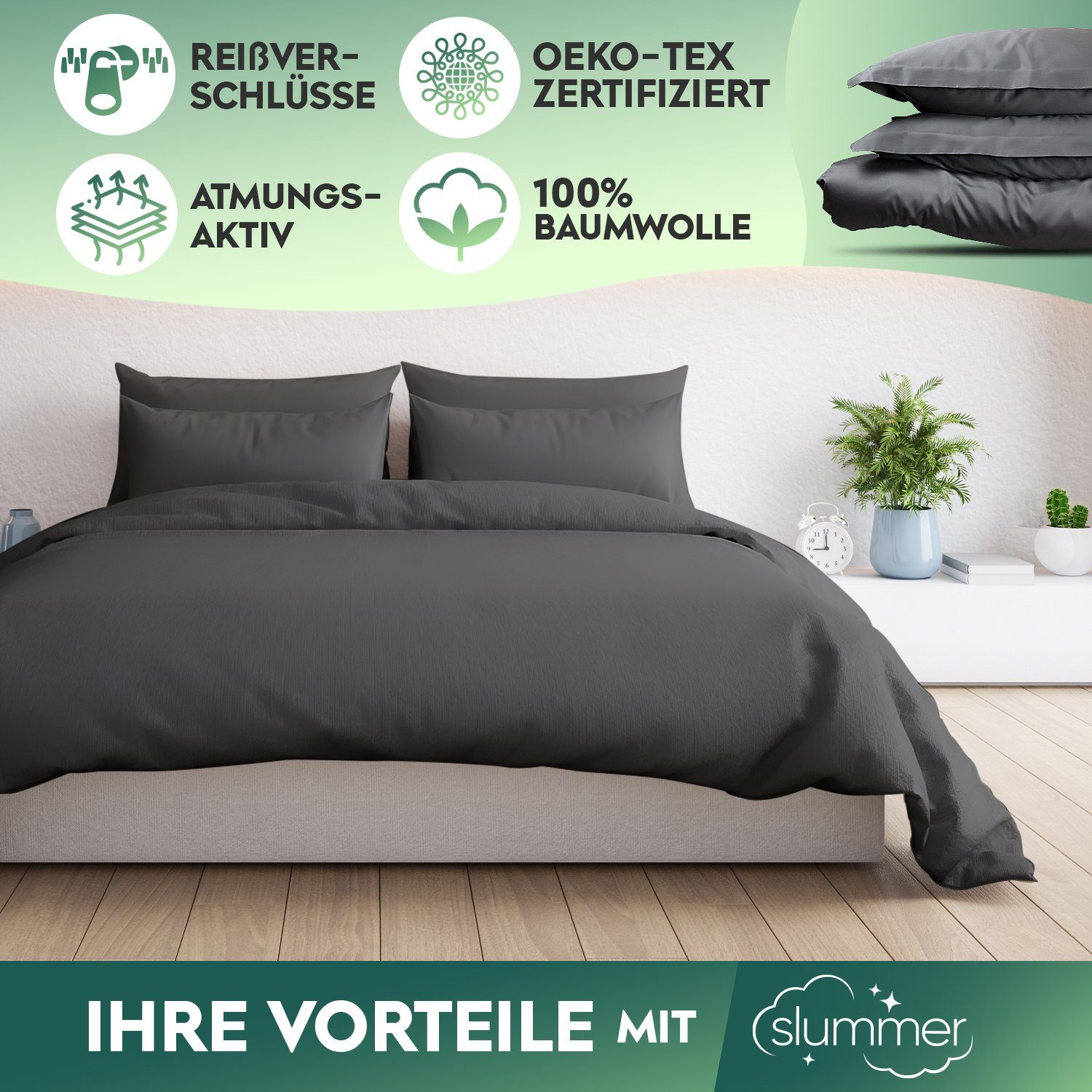 Slummer Bettwäsche 135 x 200 Baumwolle Set 135x200 oder 155x220 cm grau - anthrazit, Baumwolle, 2 teilig, Reißverschluss, Sommerbettwäsche