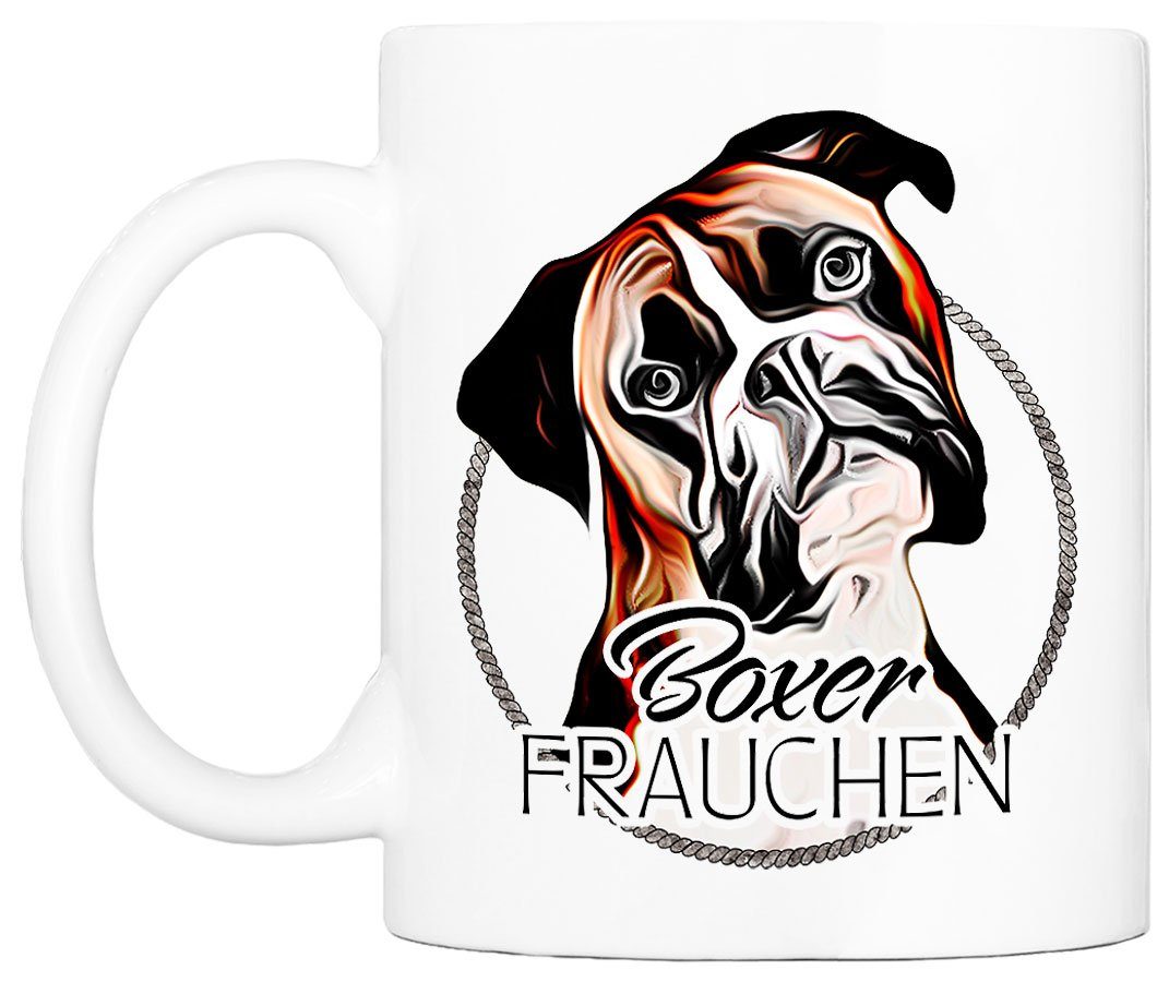 Tasse Hundefreunde, Kaffeetasse bedruckt, mit Hunderasse, Cadouri Geschenk, für Keramik, 330 handgefertigt, beidseitig ml BOXER FRAUCHEN -