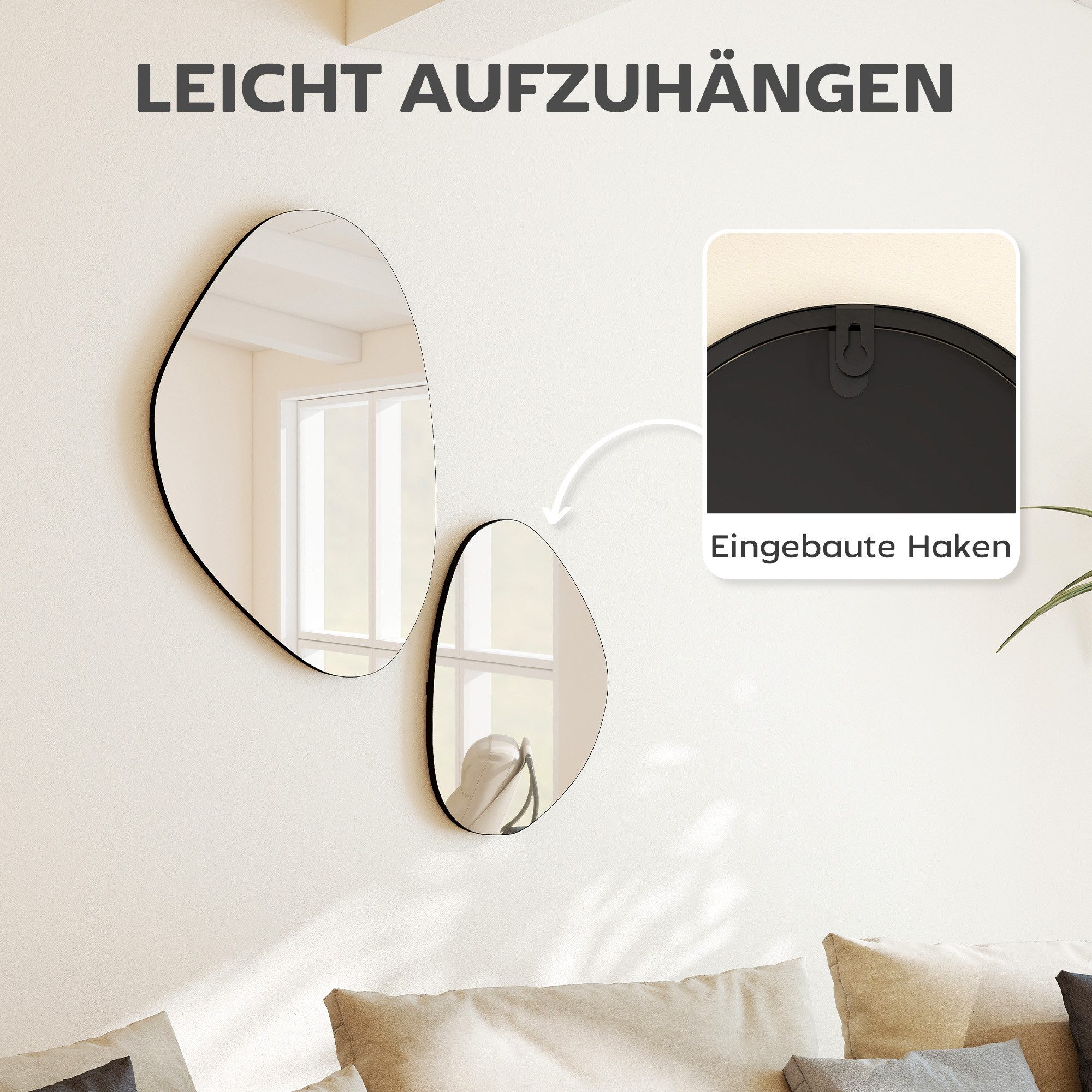 HOMCOM Wandspiegel Fenster Spiegel mit Metallrahmen, Kieselform, Schwarz (Spiegel, 2-St., Schlafzimmerspiegel), Wandspiegel, unregelmäßig geformt – Bild 5 von 5