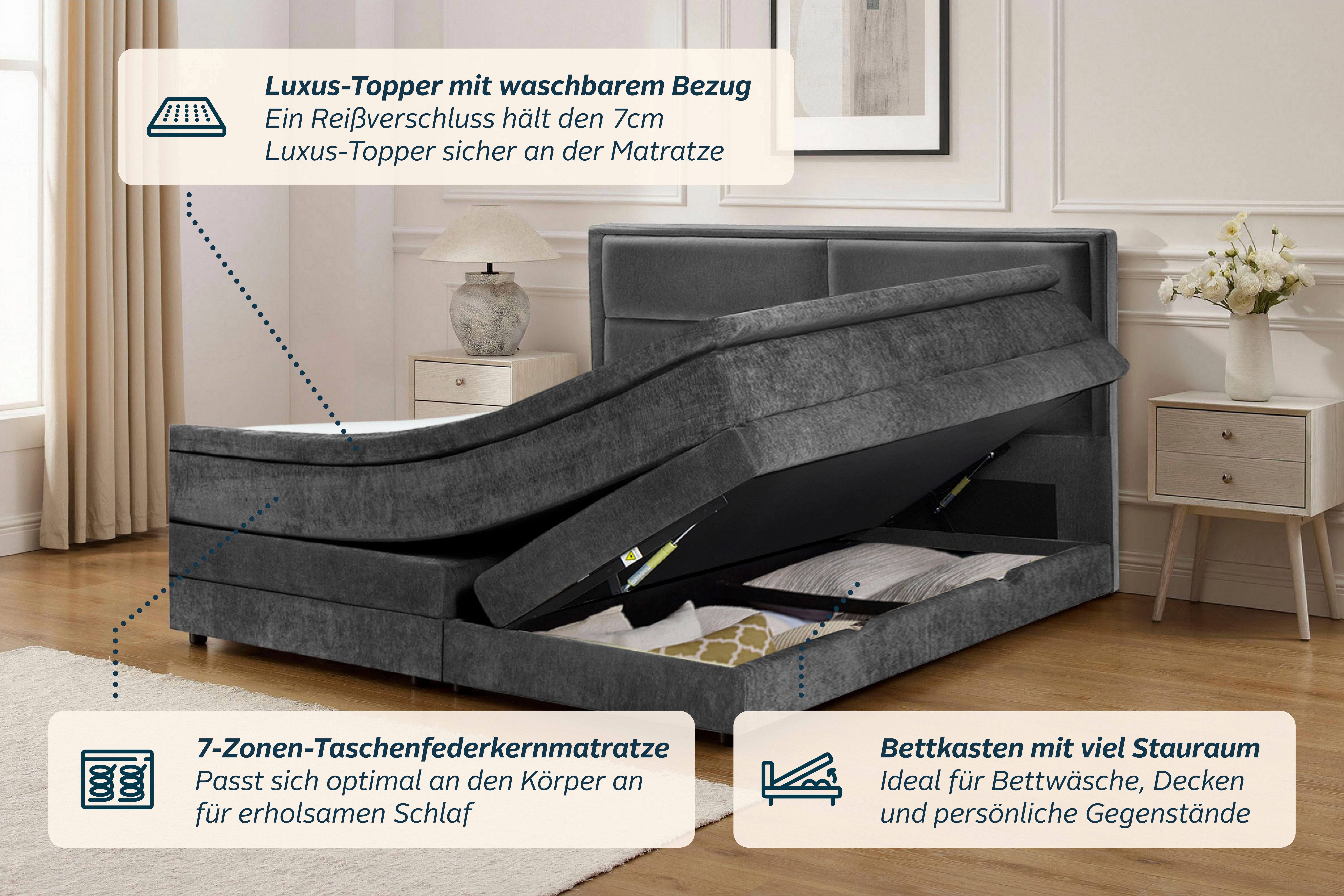 OTTO home Boxspringbett FYNNA Polsterbett mit Bettkasten & 7-Zonen-Taschenfederkernmatratze H3, mit 7 cm Komfortschaum-Topper, Chenille-Bezug, Liegefläche 180x2 – Bild 4 von 5