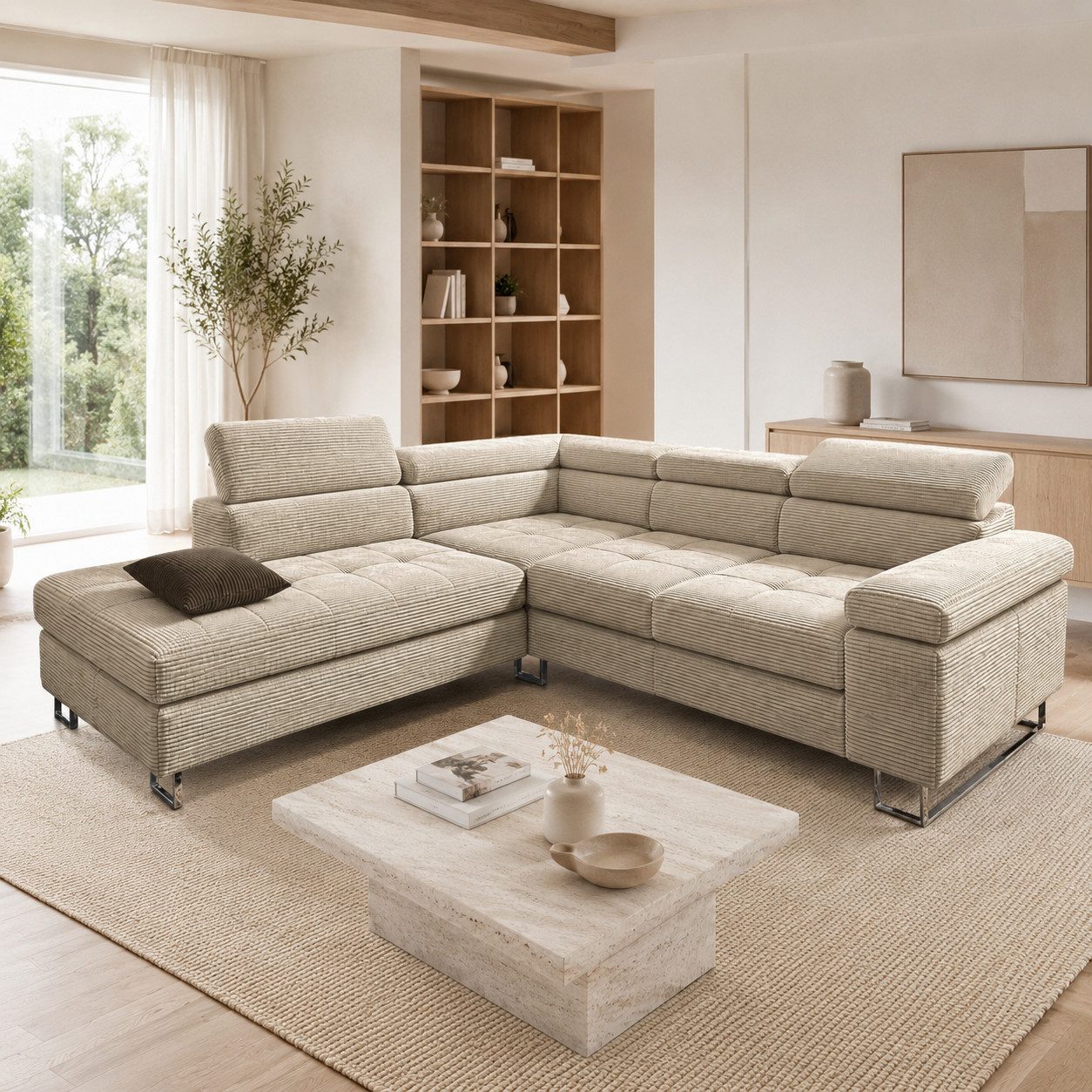 Goldstoff Ecksofa mit Schlaffunktion, Cord Couch für Wohnzimmer - Cord Ecksofa, Cord Sofa VOYAGE 2 Teile, Großer Bettkasten